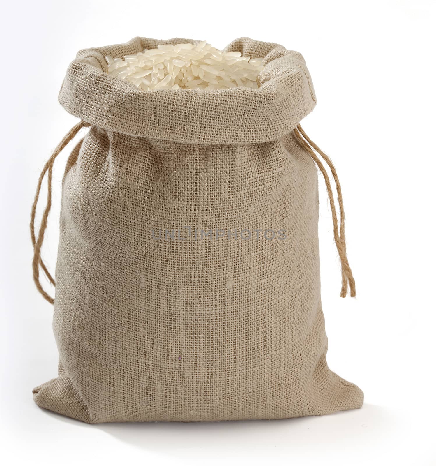 Sack with rice on the white background