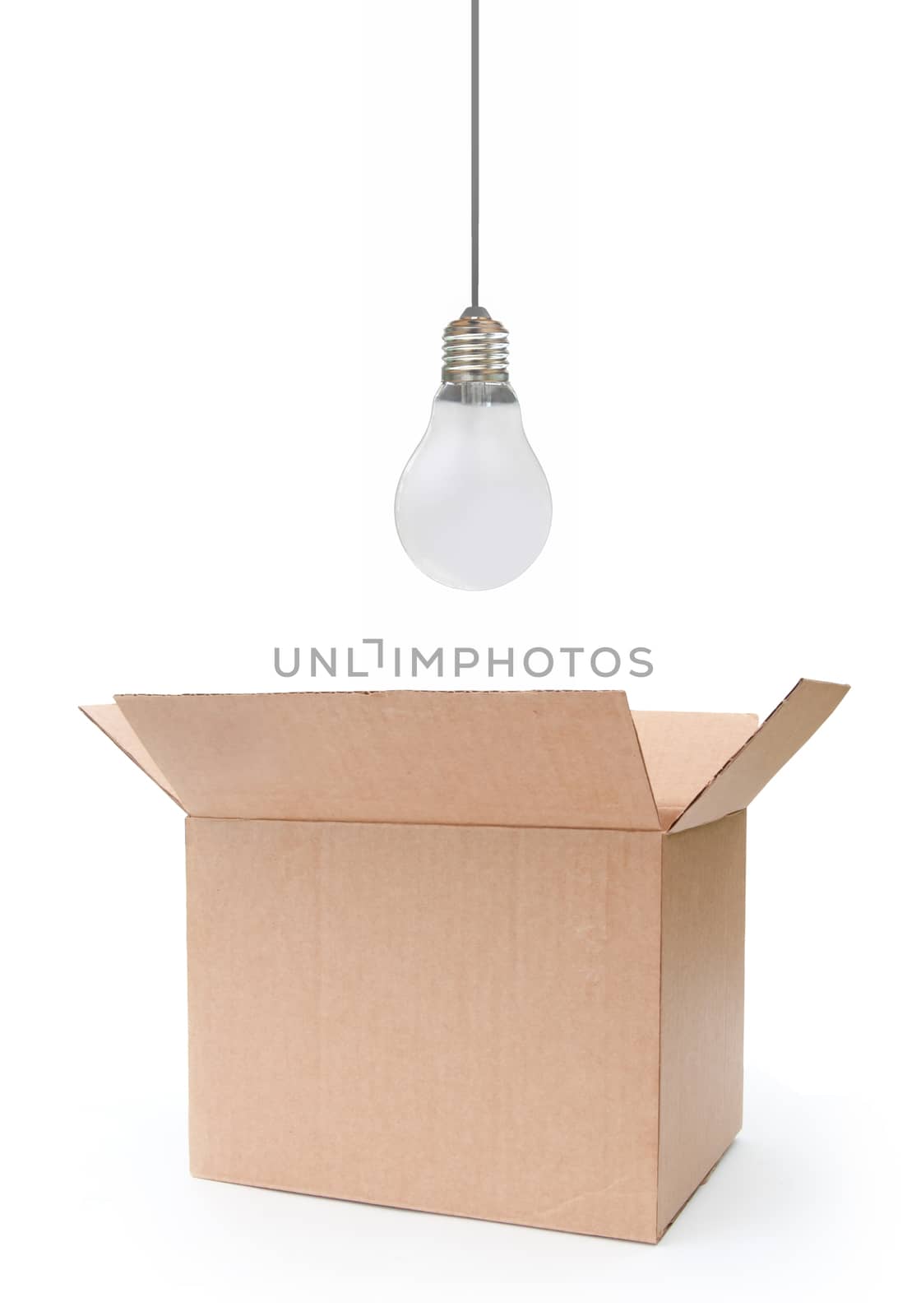 Light bulb hovering over an open box 