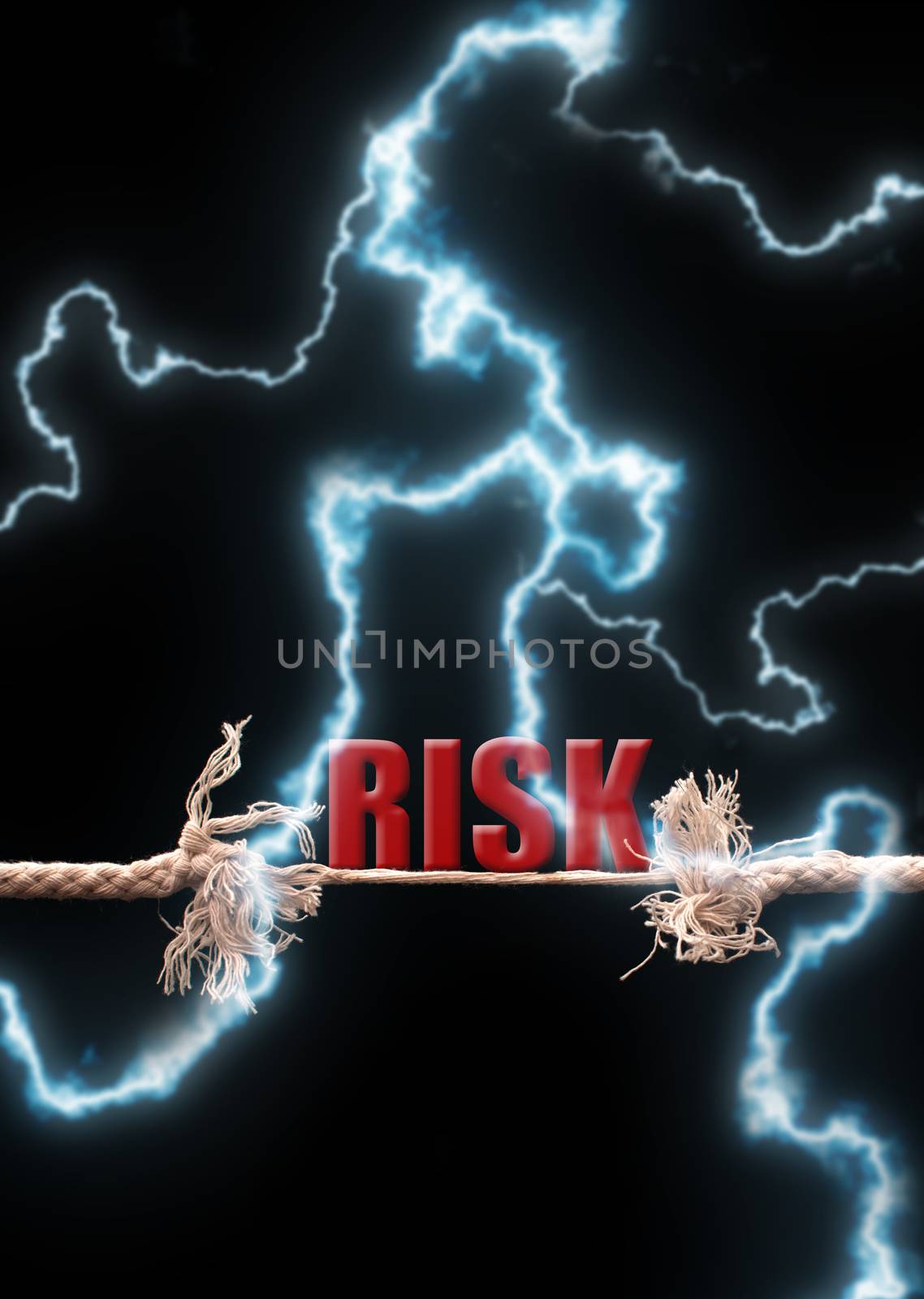 Thunder lightening bolts striking a breaking rope with the word risk