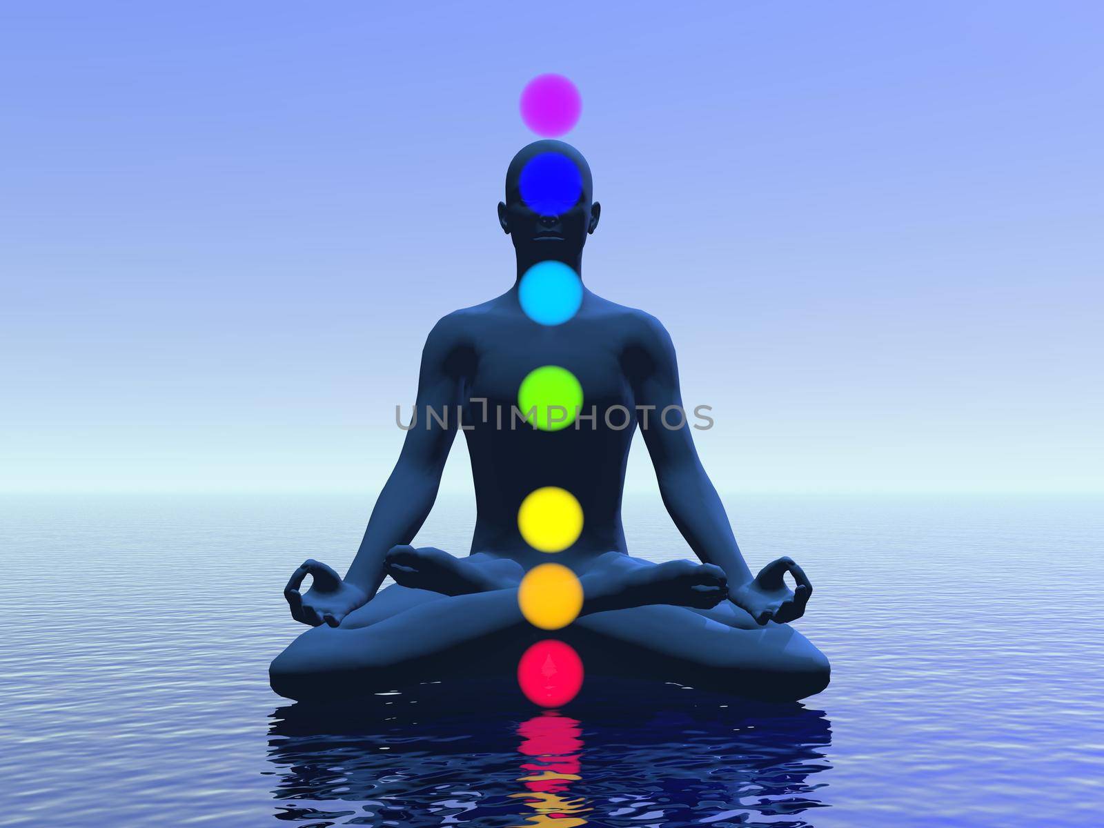 Silhouette of a man meditating with seven colorful chakras upon ocean by blue light