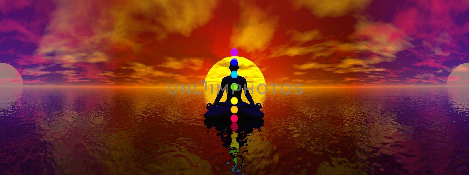 Silhouette of a man meditating with seven colorful chakras upon ocean by blue light, 360 degrees panoramic effect
