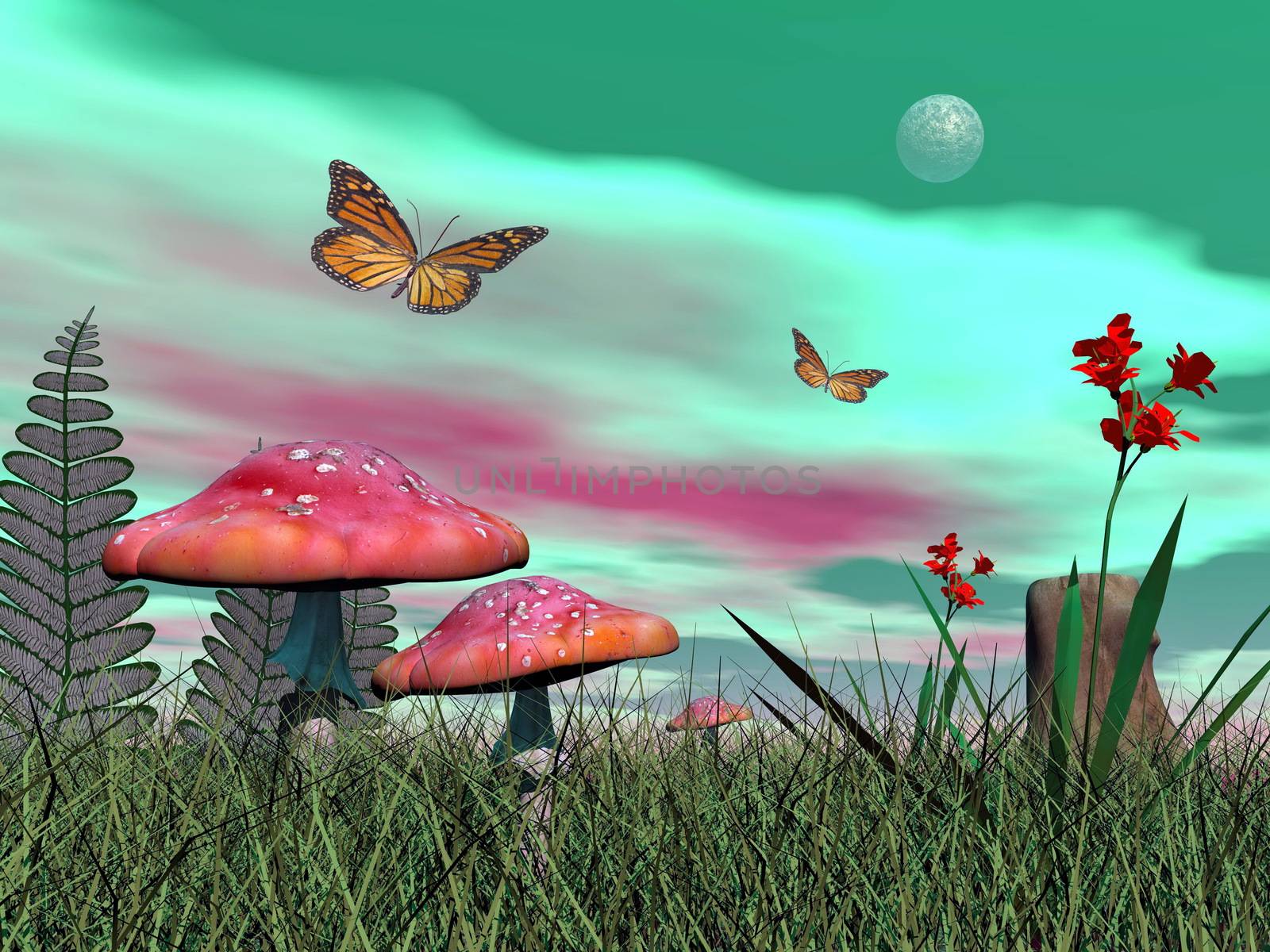 Fairy mushrooms, colorful flowers and monarch butterflies flying by green full moonlight