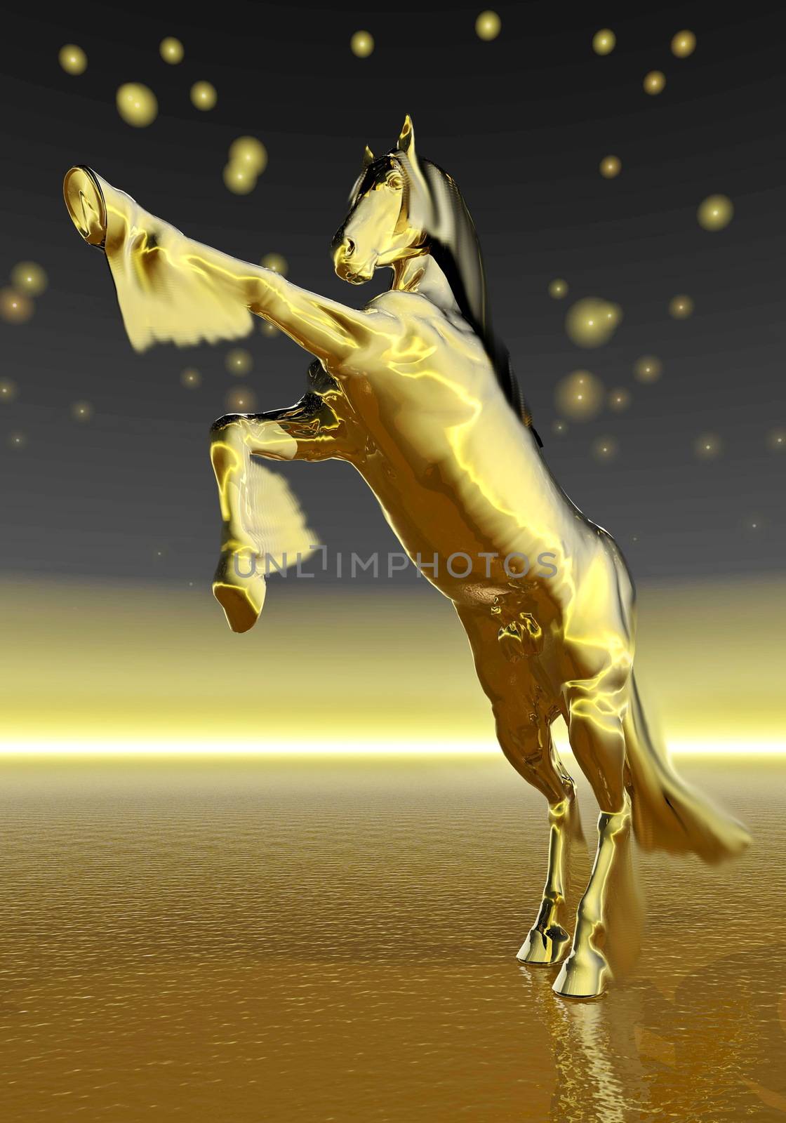 Golden rearing horse by beautiful starry night