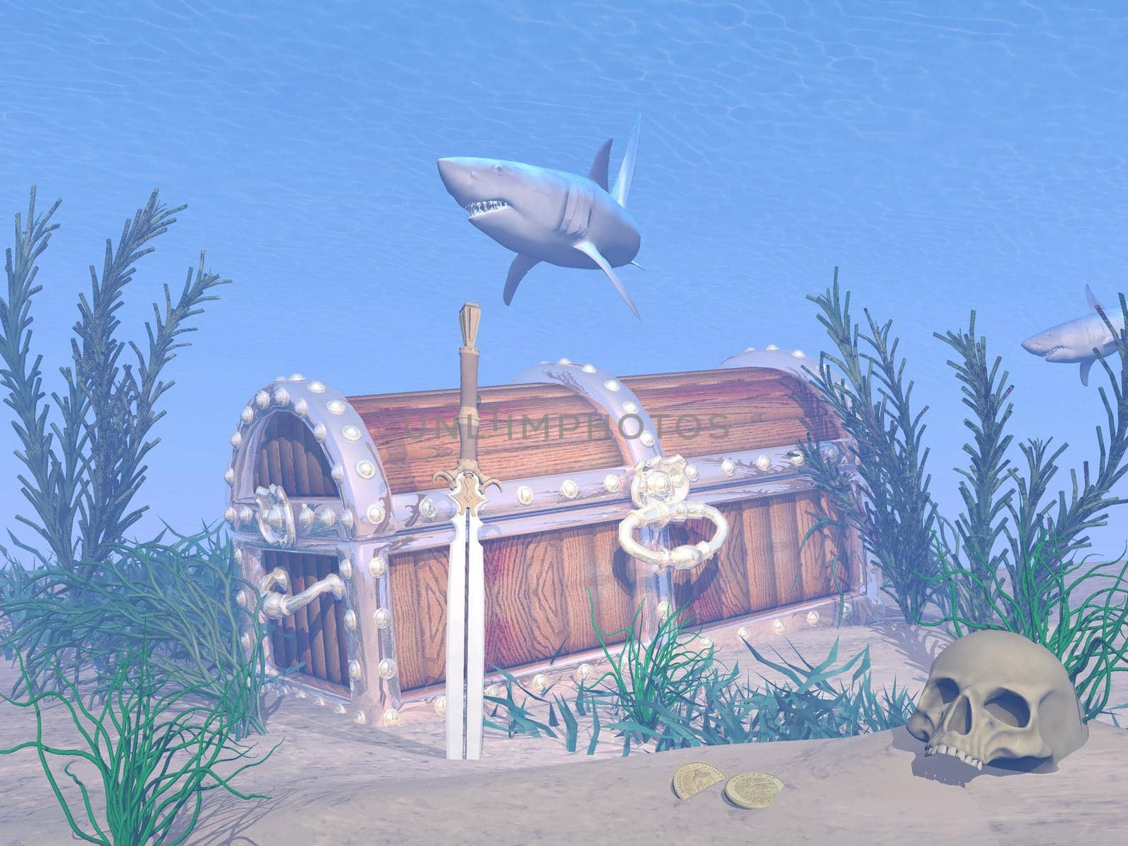 Fantasy underwater scenery with lost treasure chest, sword, skull and sharks