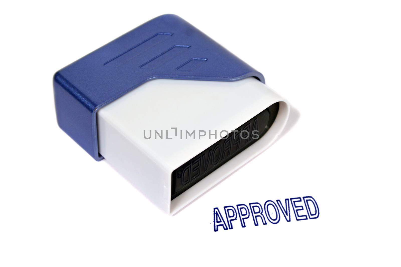 Approved stamp on its side on white background. 