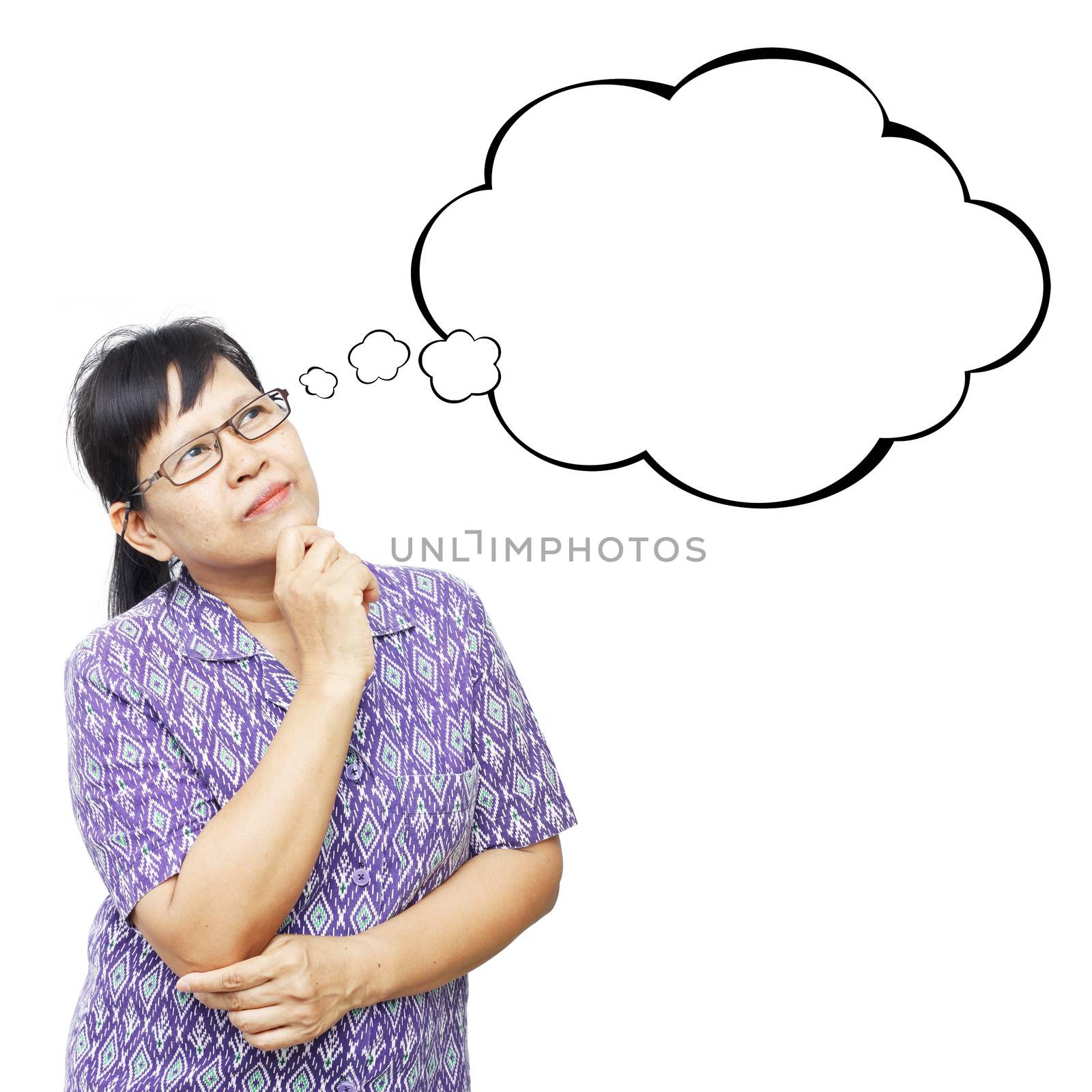 Thinking Asia woman looking up on empty bubble isolated on white