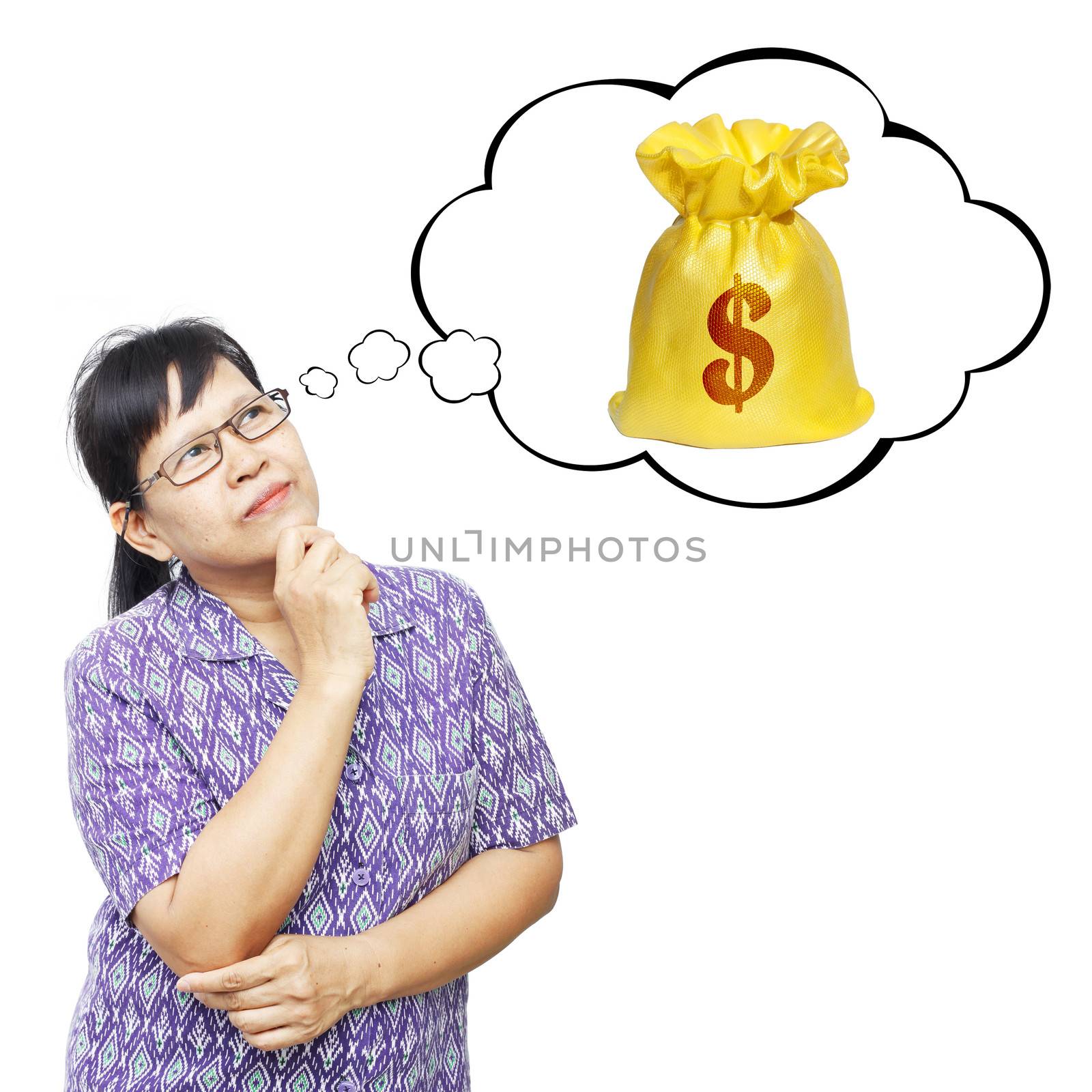 Thinking Asia woman looking up on thought bubble of money bag