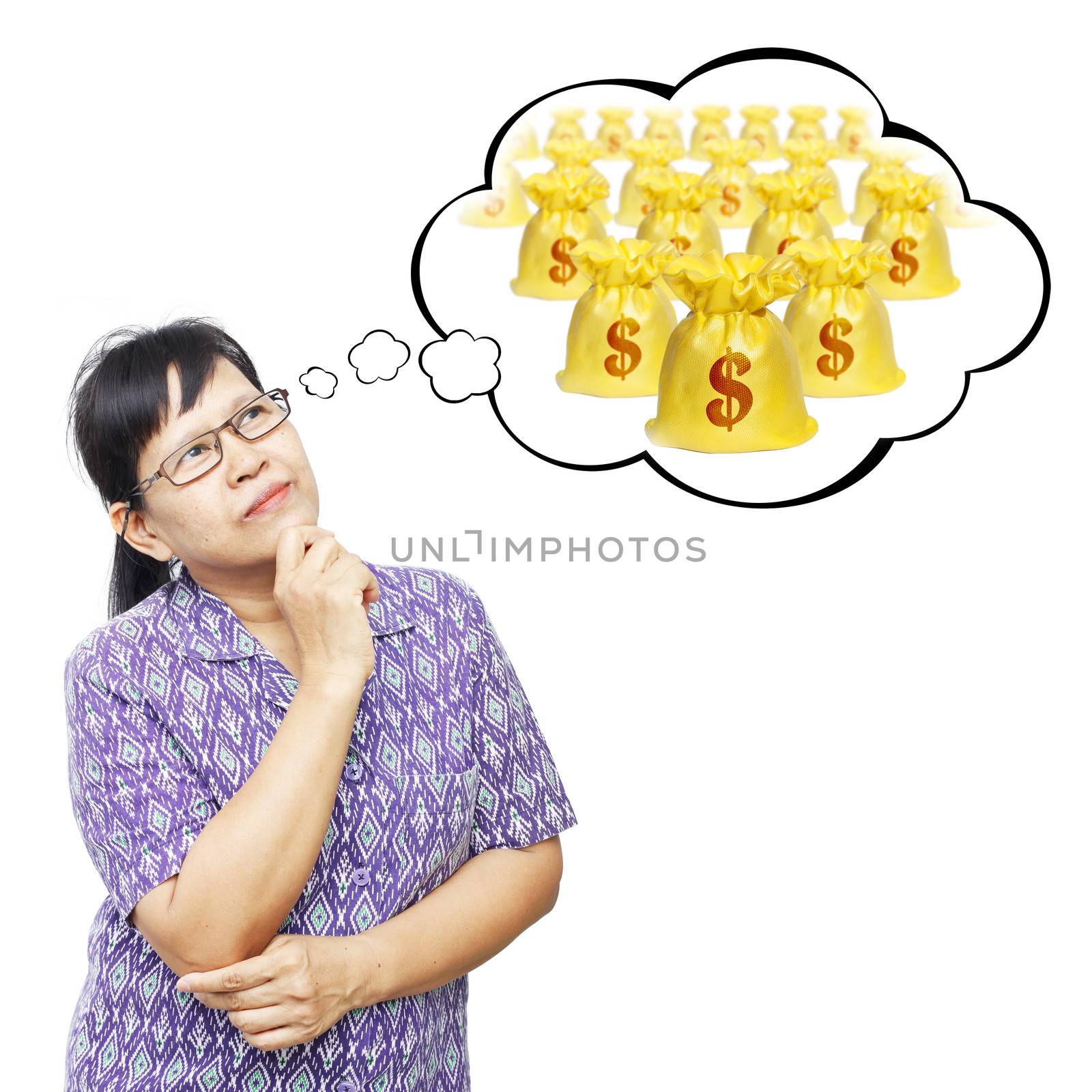 Asian senior woman thinking to money bags by godunk13