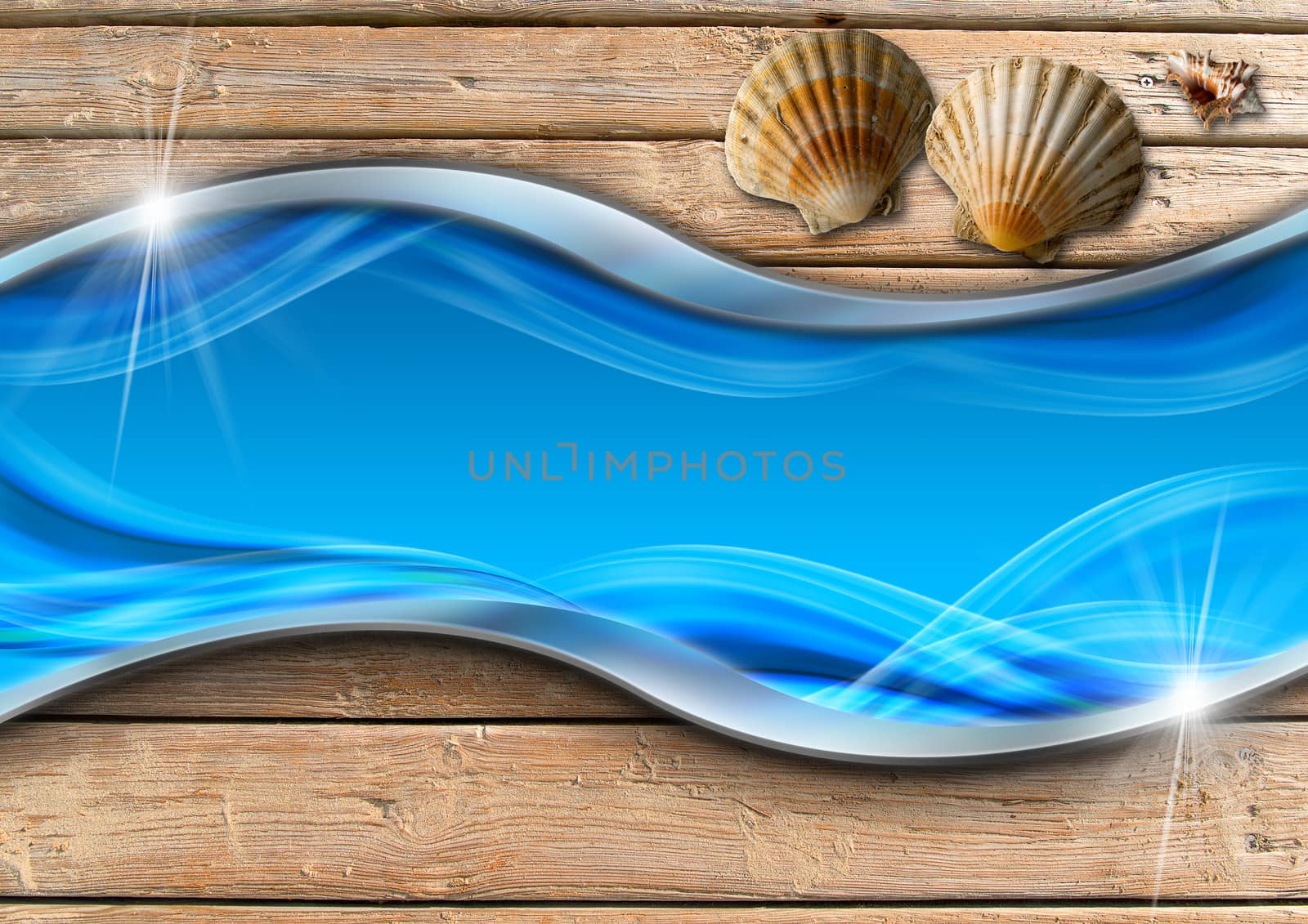 Three seashells on wooden floor with sand and stylized blue waves and glitter, concept of summer vacations
