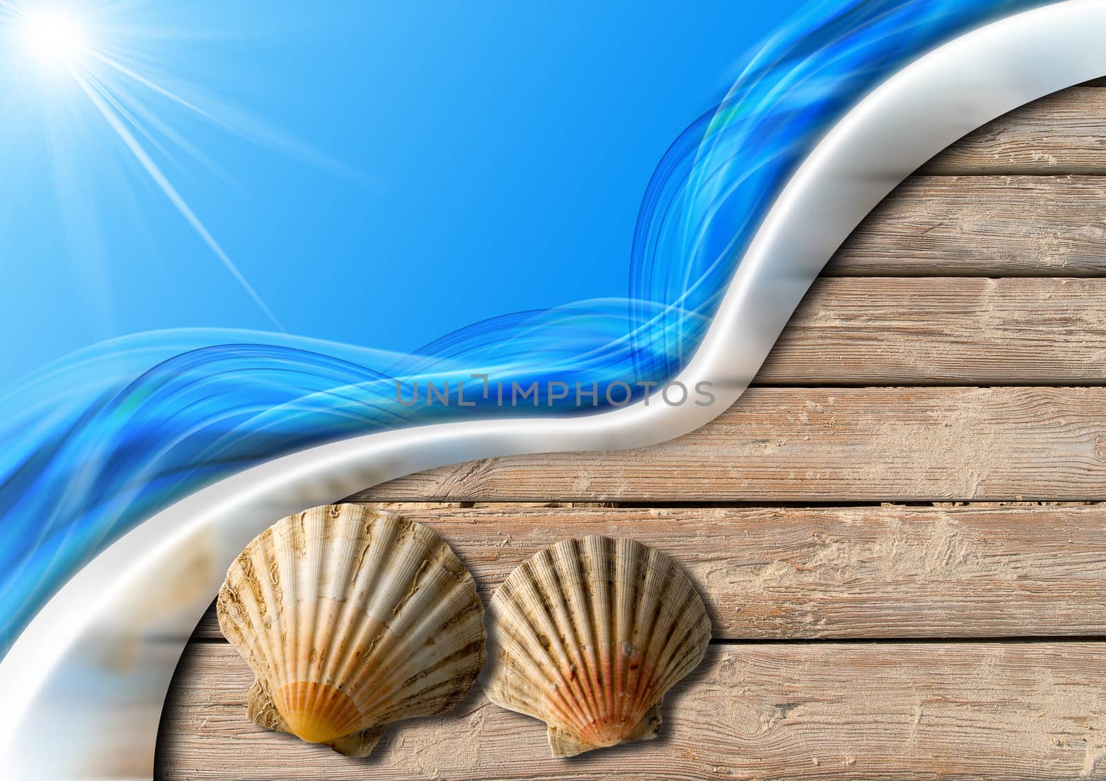 Two seashells on wooden floor with sand, stylized waves and sunlight, concept of summer vacations