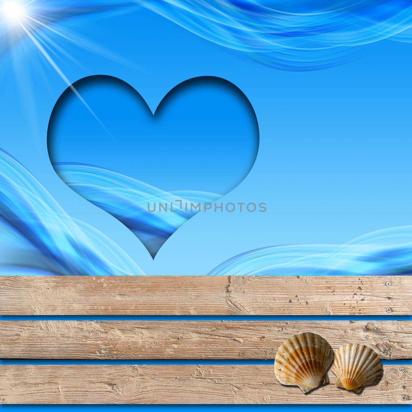 Background with sea and blue stylized waves, wooden walkway, seashells and blue hearth

