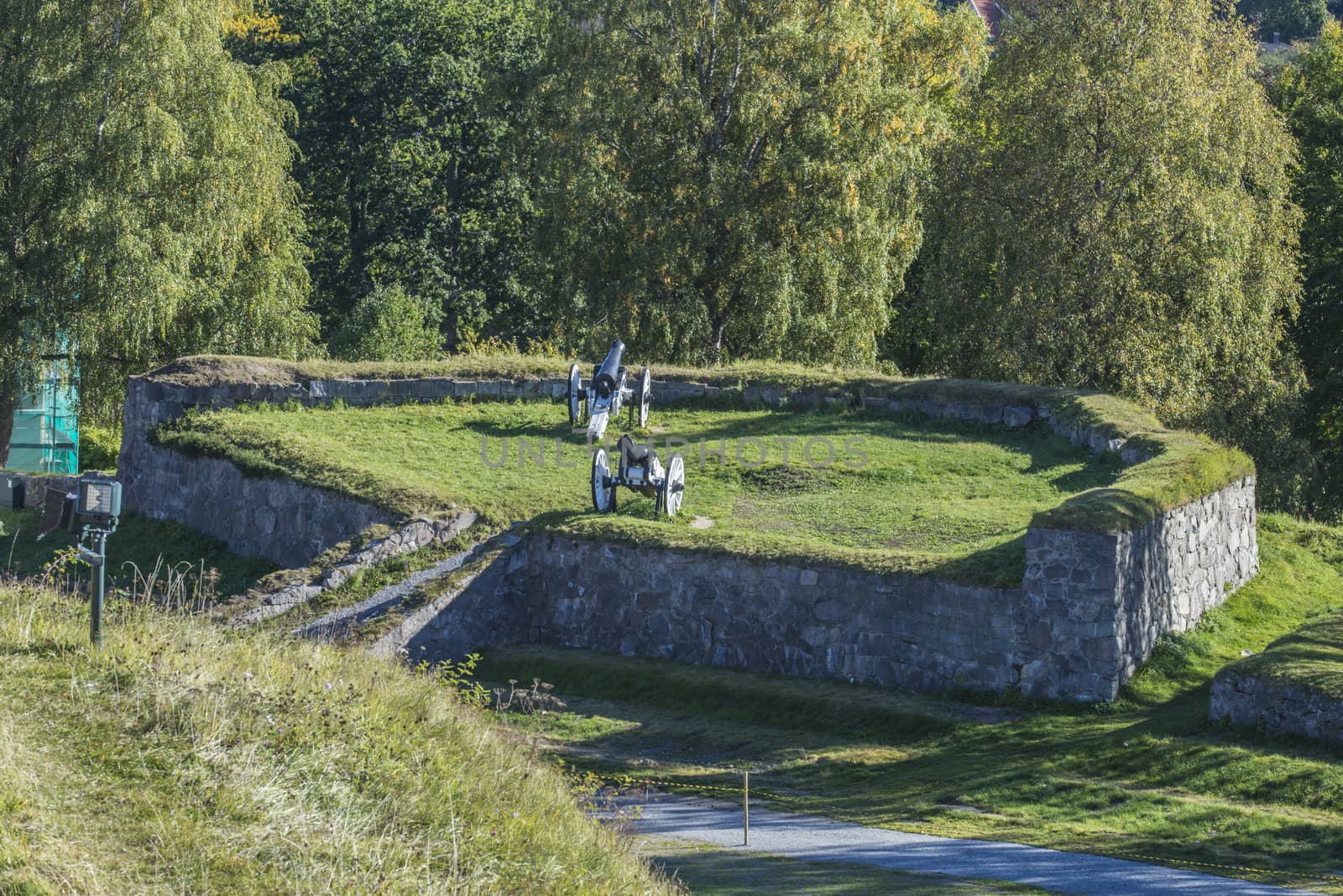 Lynetten, crescent-shaped cannon position located on the Place de Armes at Fredriksten fortress in Halden, Norway. Image is shot in September 2013.