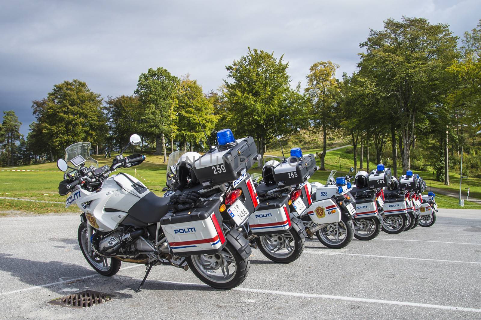 Police motorcycles lined up at Fredriksten fortress in Halden, Norway. Image is shot in September 2013.