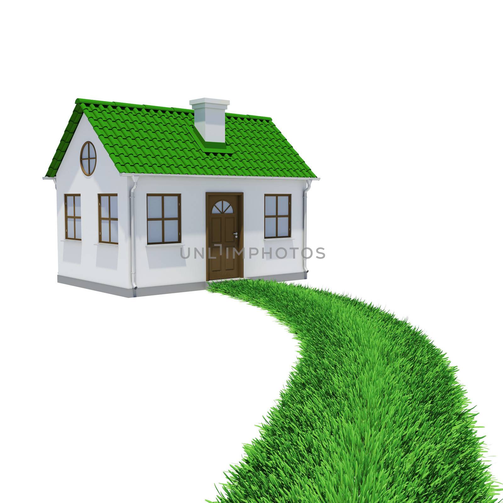 The path of grass leading to a small house. Isolated render on a white background