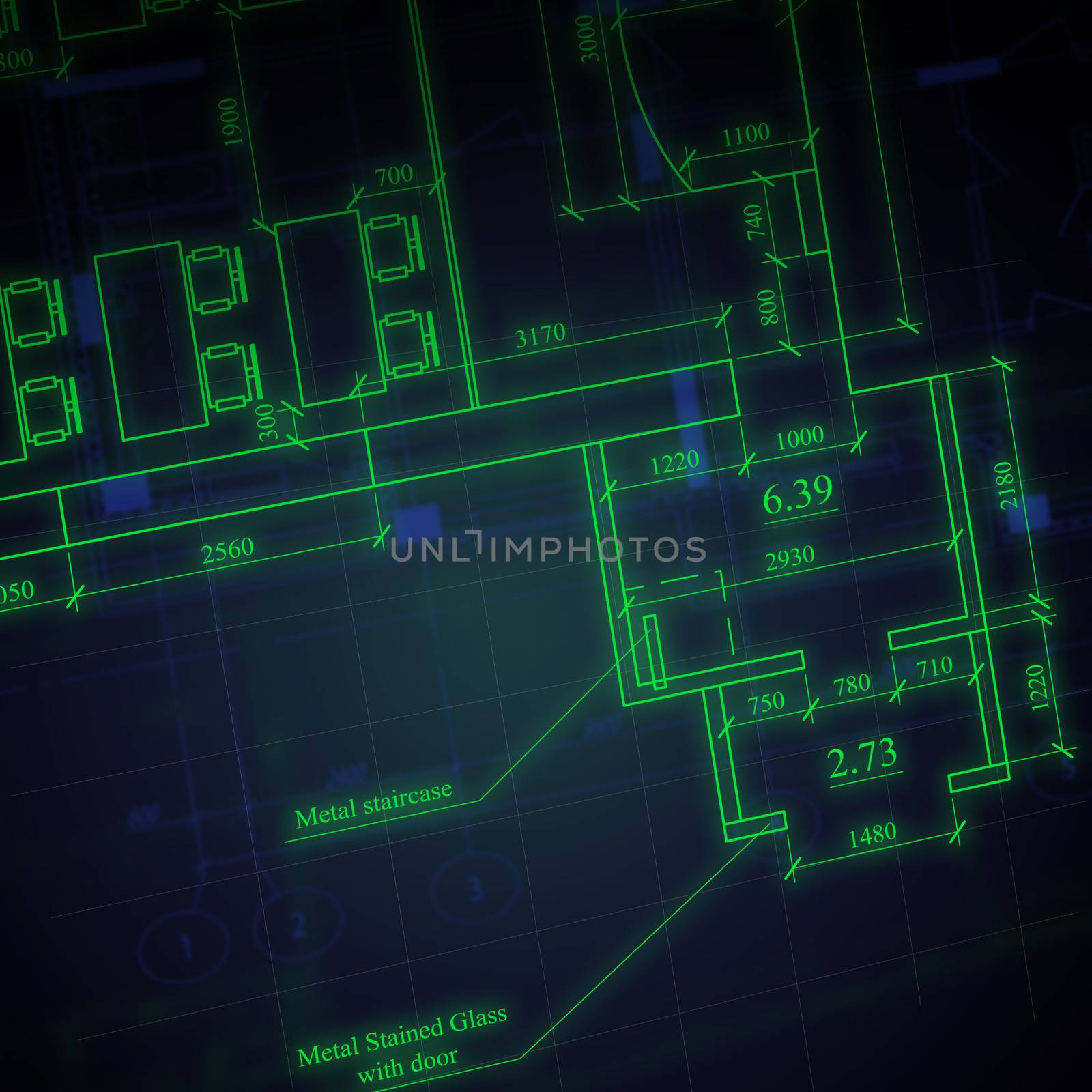 Glowing architectural drawings on a dark background. Business concept