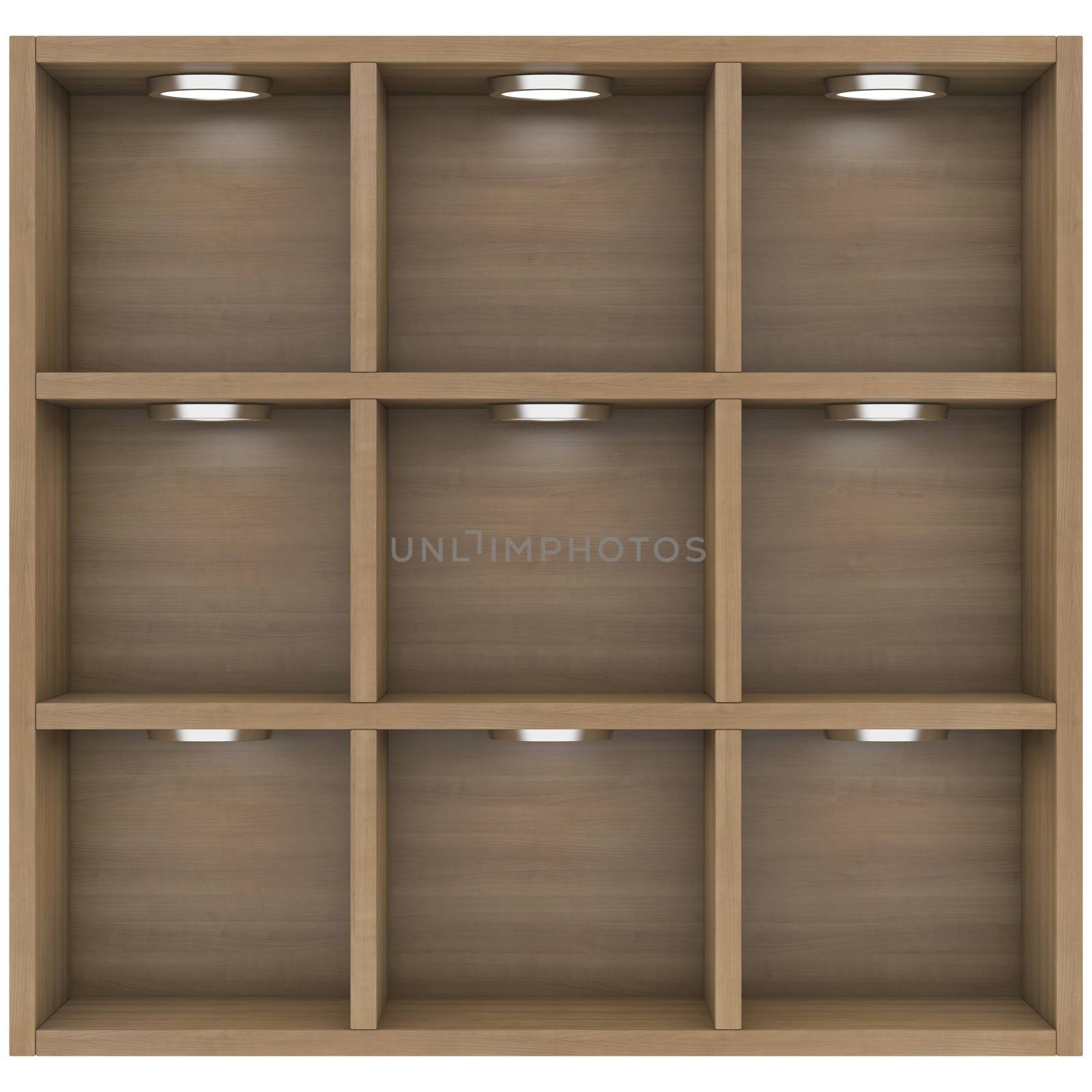 Wooden shelves with built-in lights. Isolated render on a white background