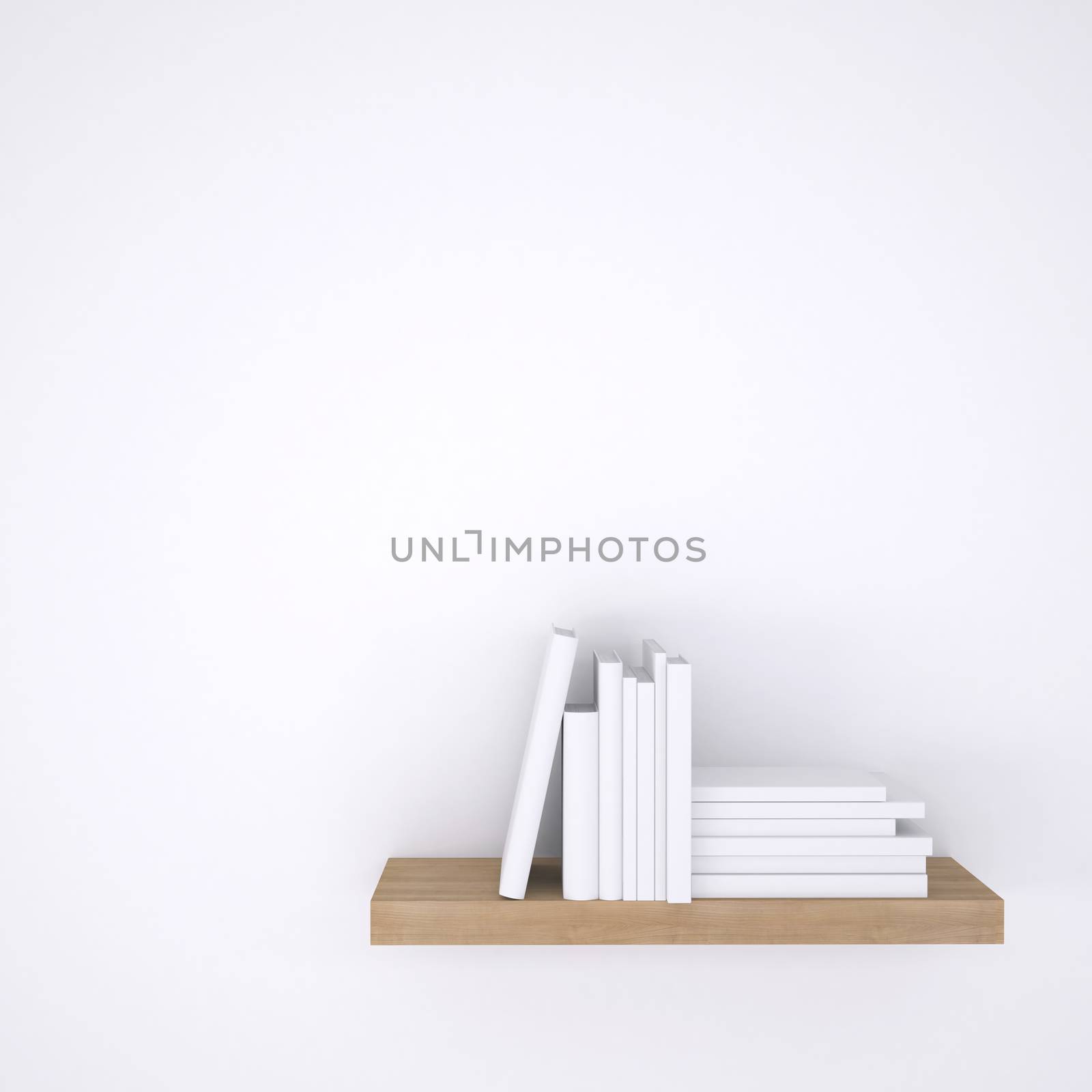 Wooden shelf with books on white wall background. 3d render