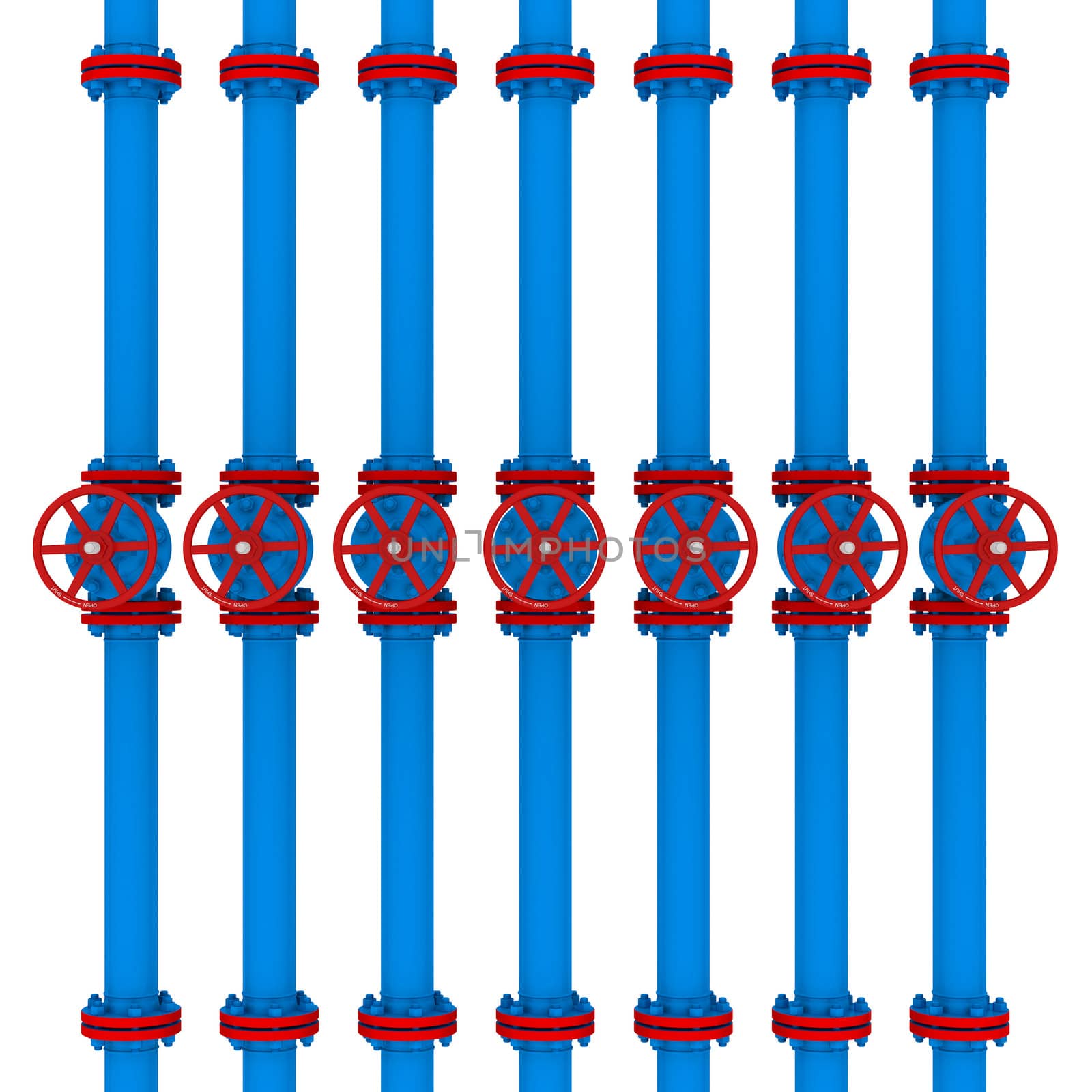 Blue pipes and valves. Isolated render on a white background