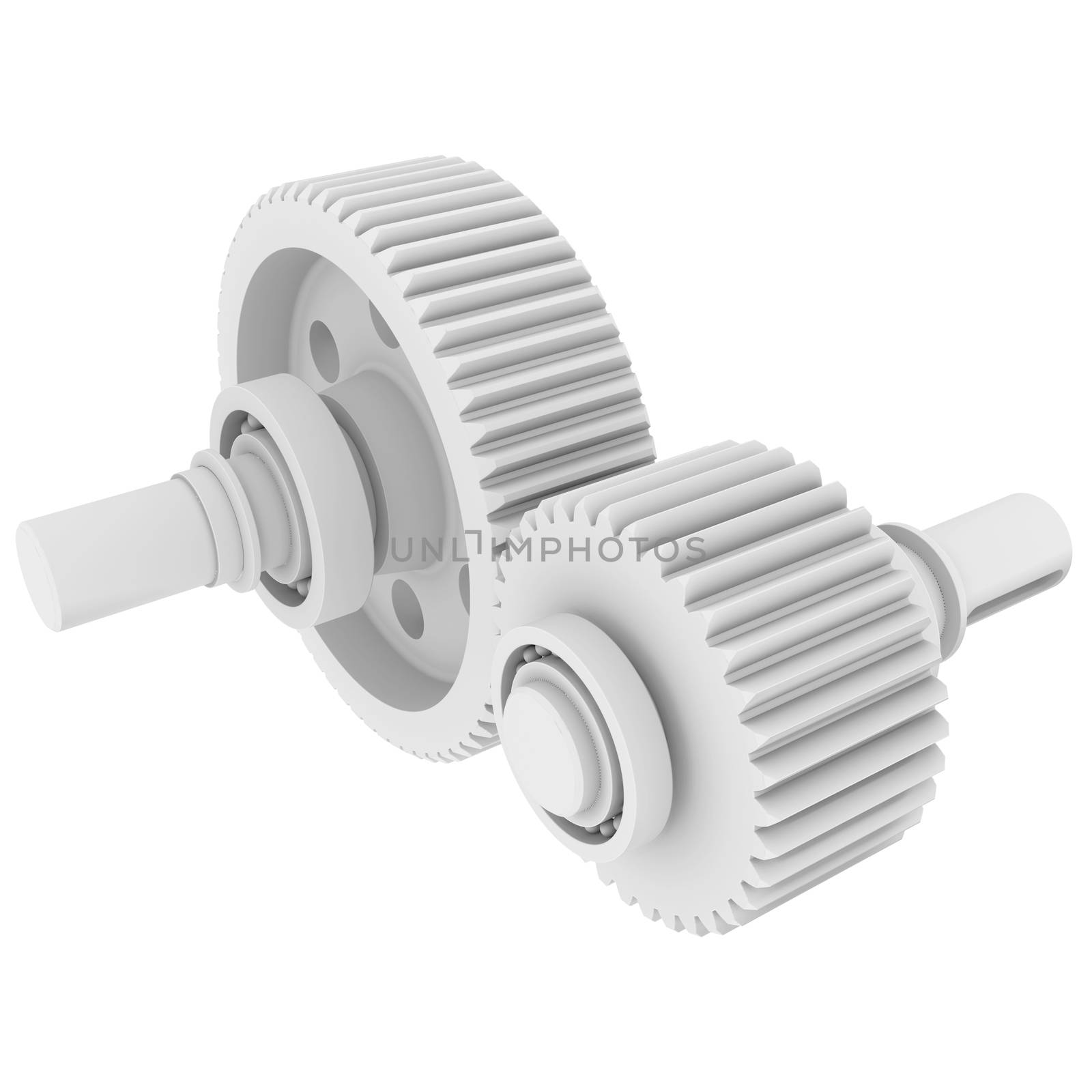 White shafts, gears and bearings. 3d render isolated on white background