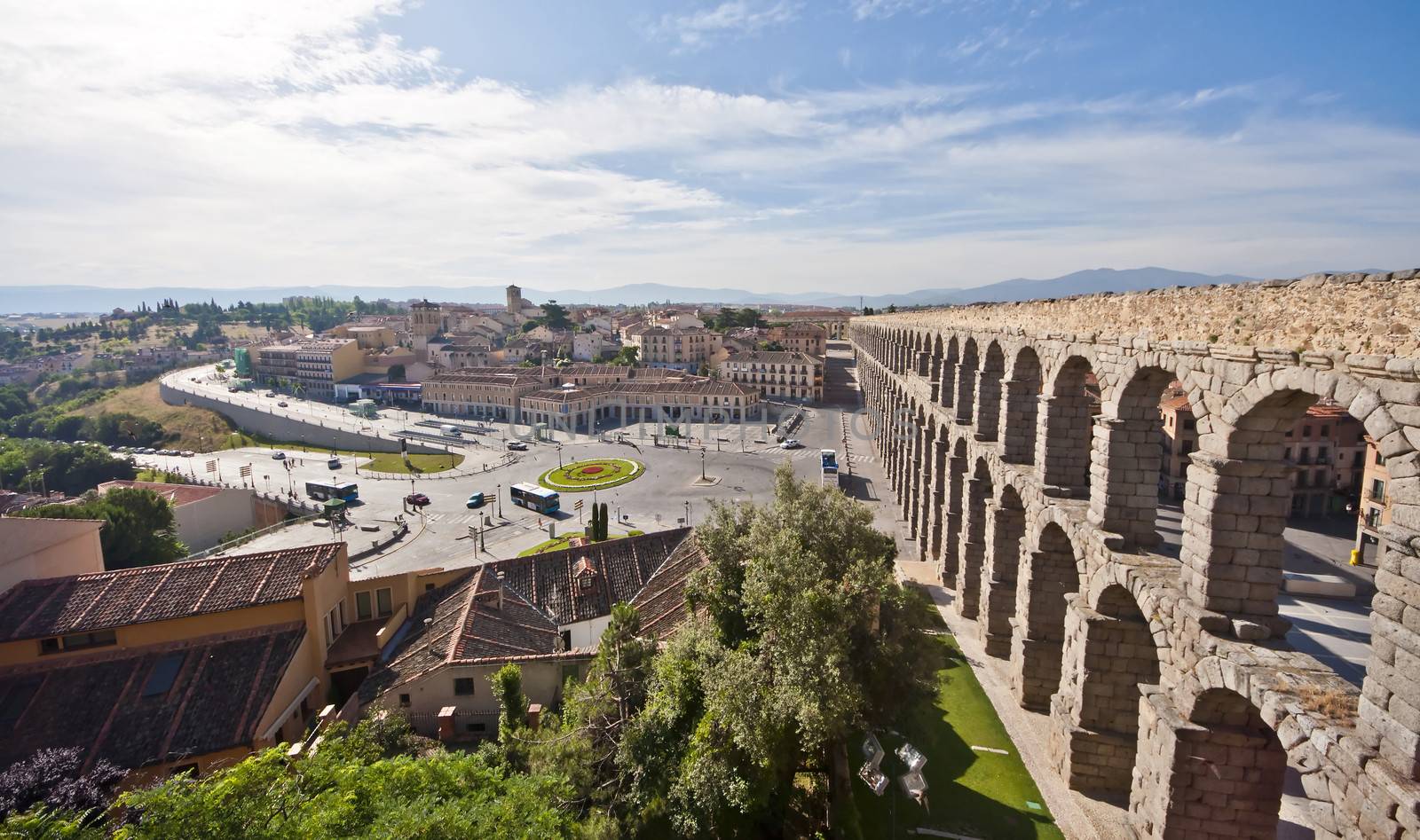 Segovia Aqueduct Castlla located in Leon Spain at dawn with city views