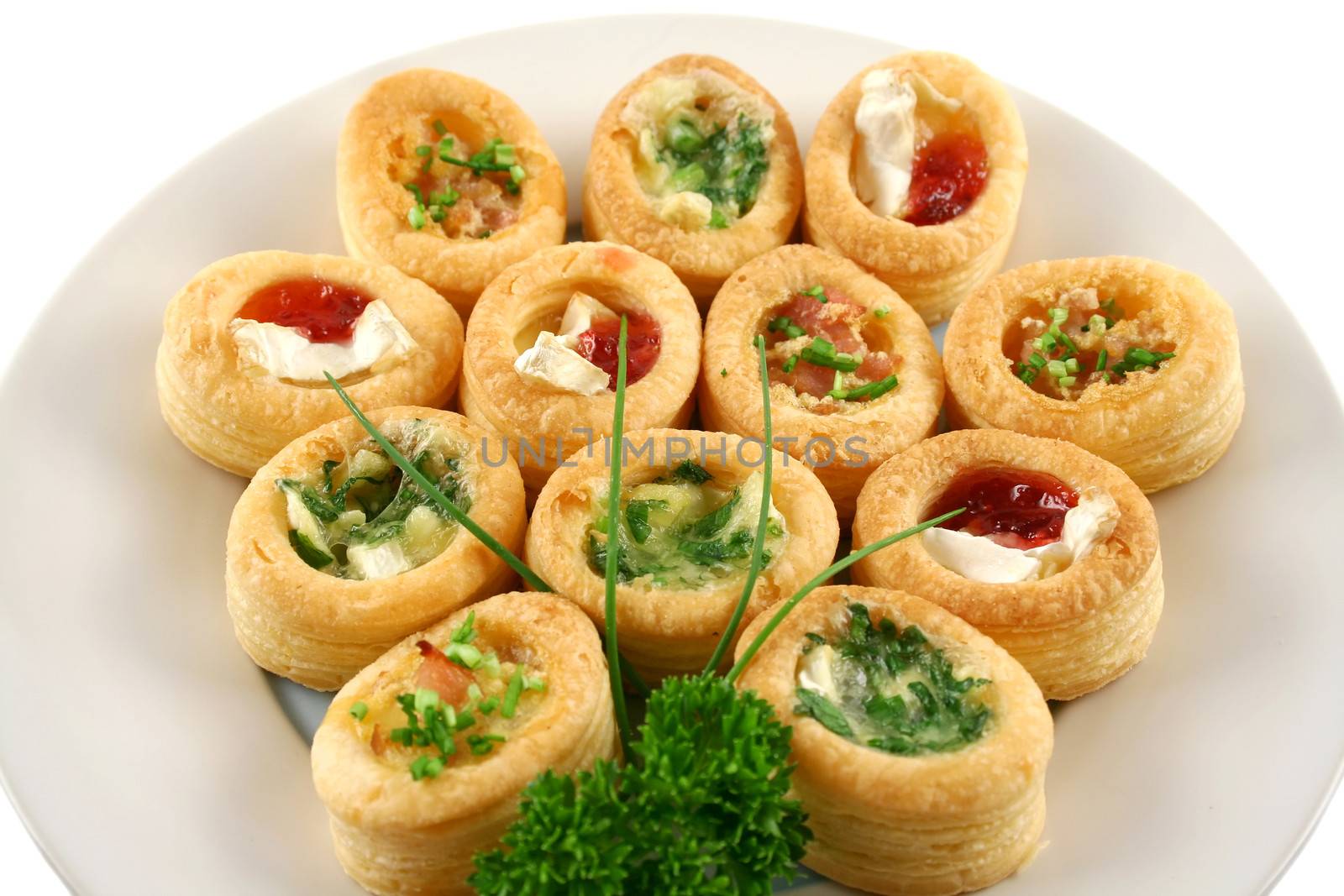 Assorted Vol Au Vonts,  camembert and cranberry, egg and bacon, camembert and spring onion.