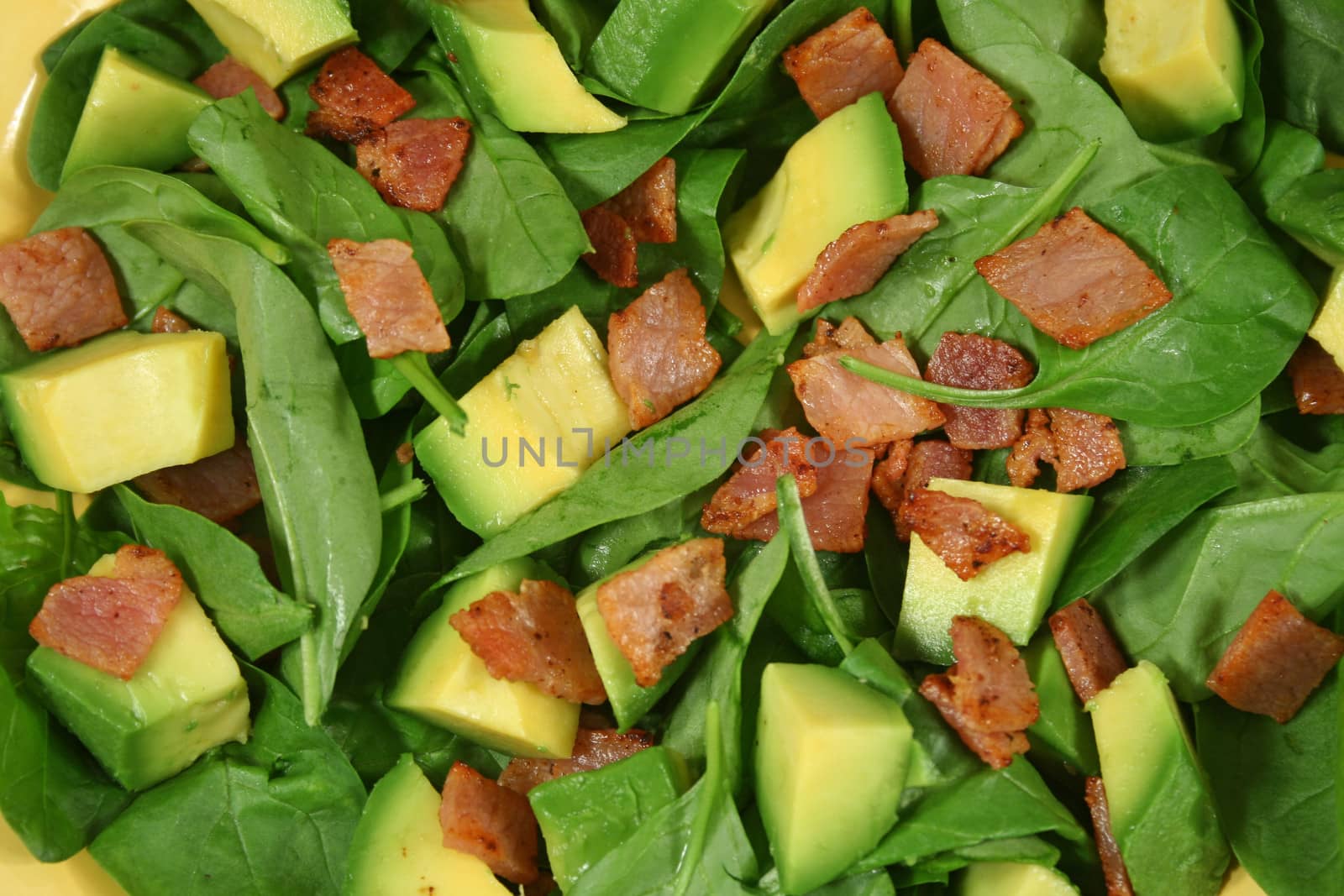 Delightful baby spinach, avocado and bacon salad ready to serve.