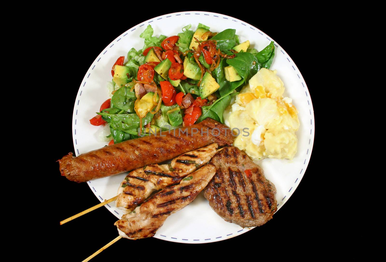 BBQ chicken tenderloin skewers, beef sausage, beef patty with spinach salad and potato salad.