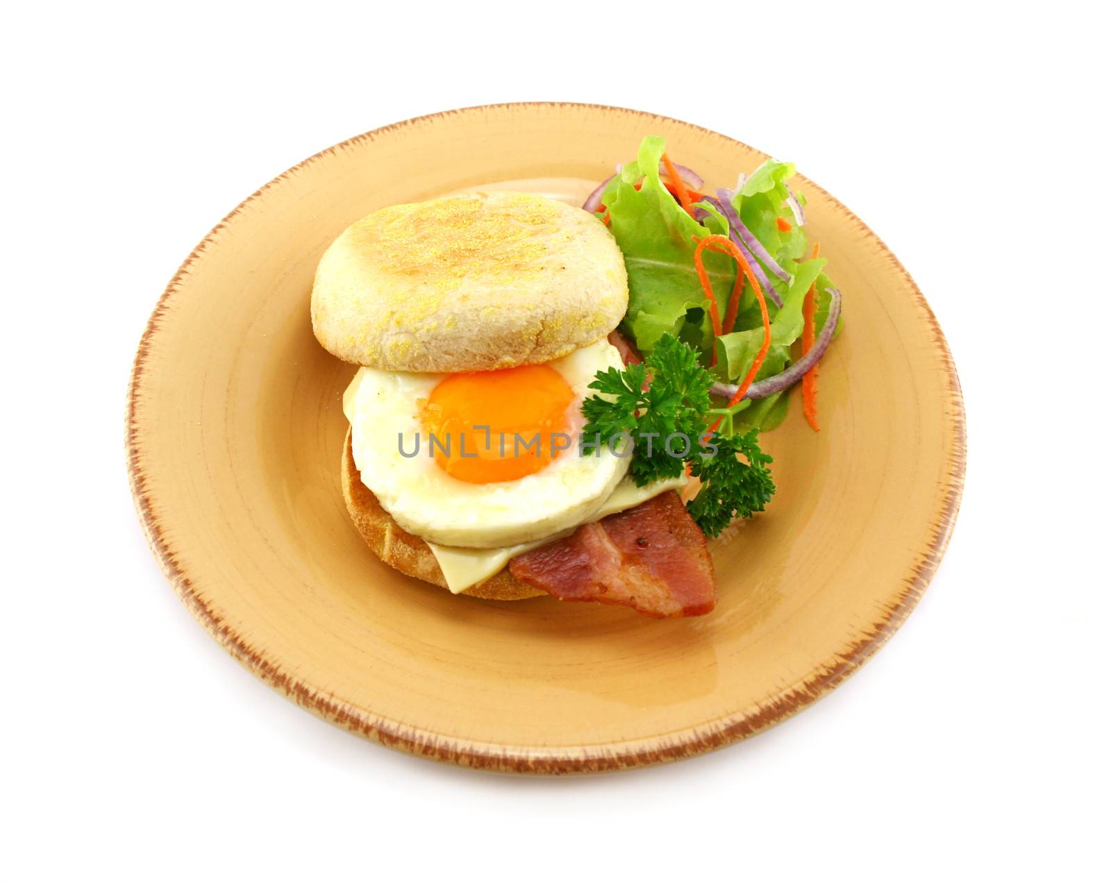 Delicious bacon and egg muffin with cheese ready to serve for breakfast.