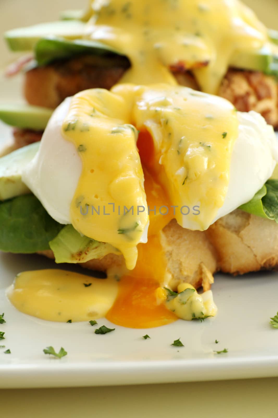 Delicious eggs benedict with hollandaise sauce with avocado with egg yolk.