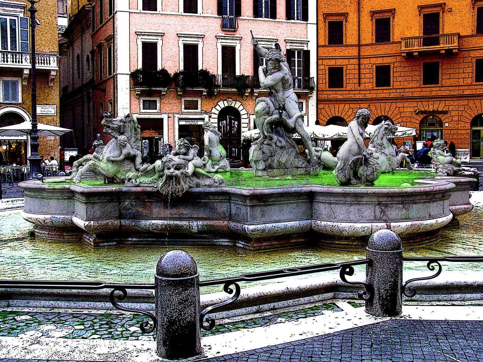 Rome, the fountain of Neptune on Navona square, pen drawing