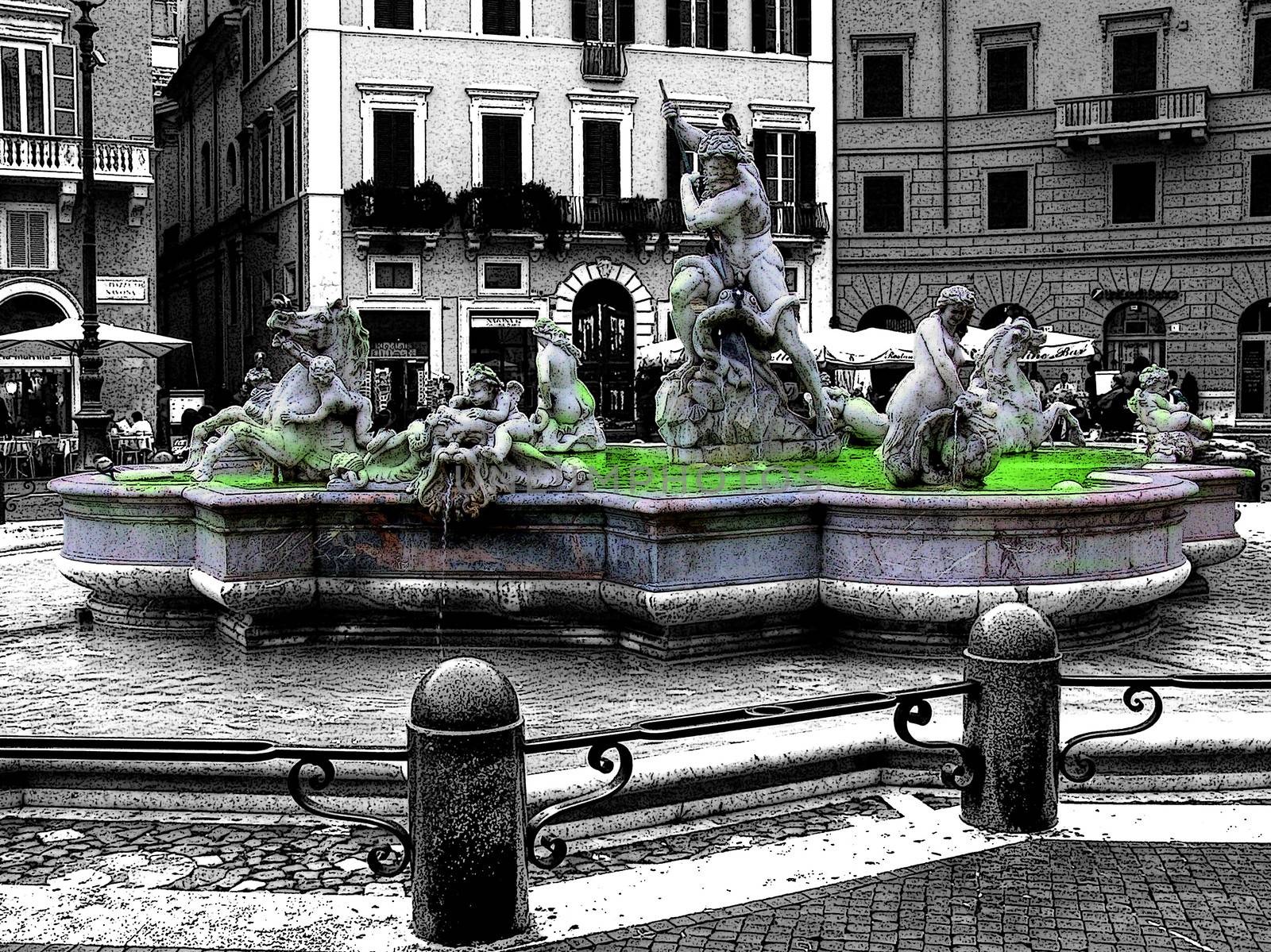 Rome, the fountain of Neptune on Navona square, pen drawing