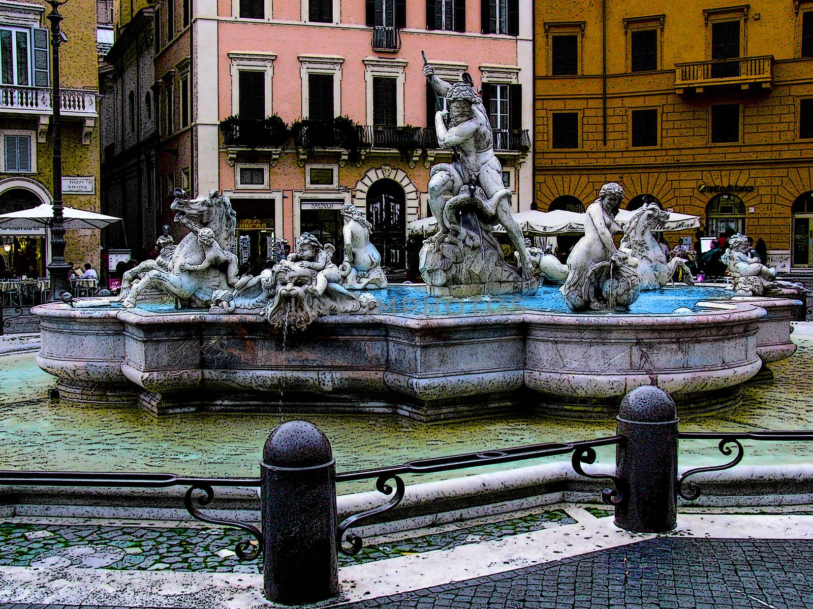 Rome, the fountain of Neptune on Navona square, pen drawing