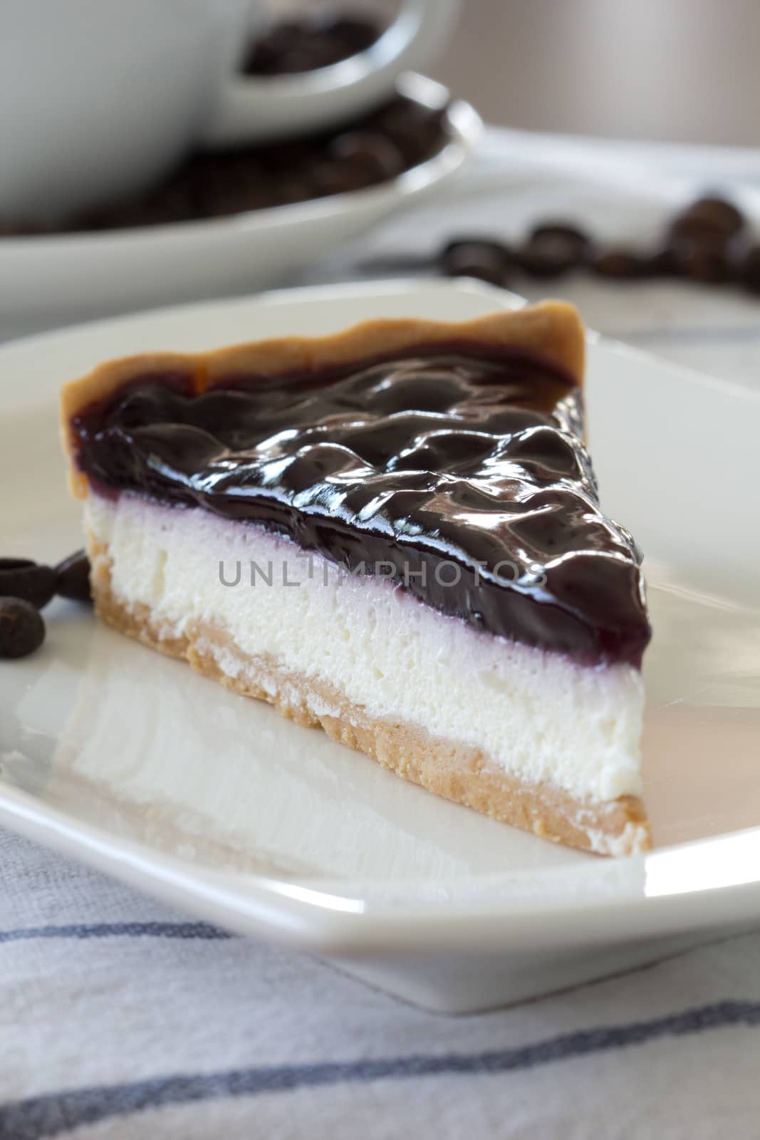 Blueberry cheesecake on white background