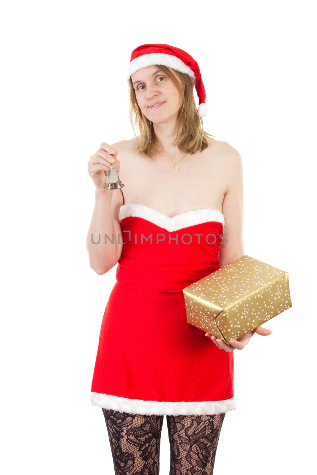 Mrs. Claus with small bell and golden gift