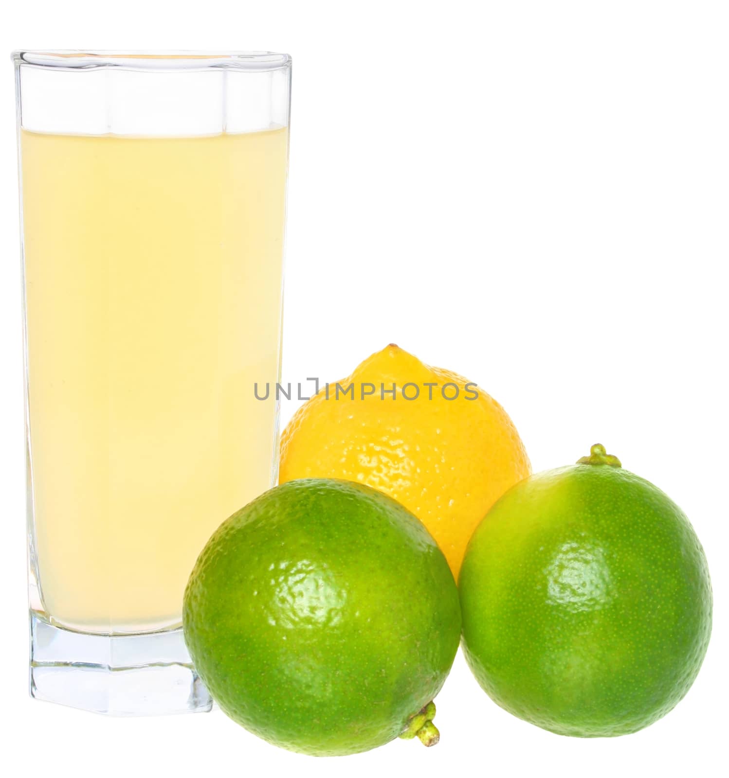 Glass of a lemon juice on a white background.