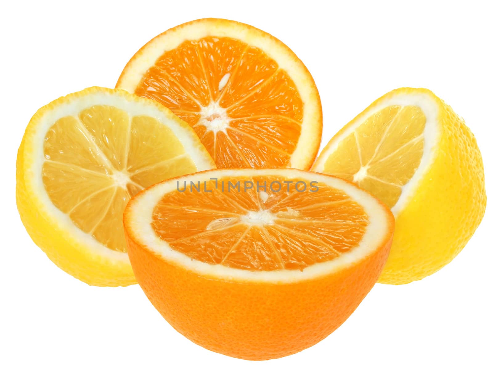 Fresh orange and lemon on a white background.