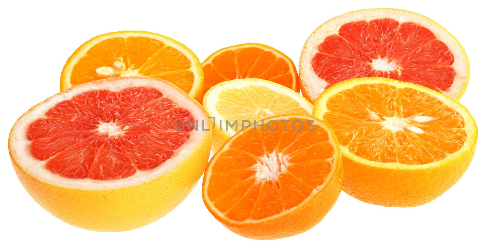 Fresh orange and tangerine on a white background.