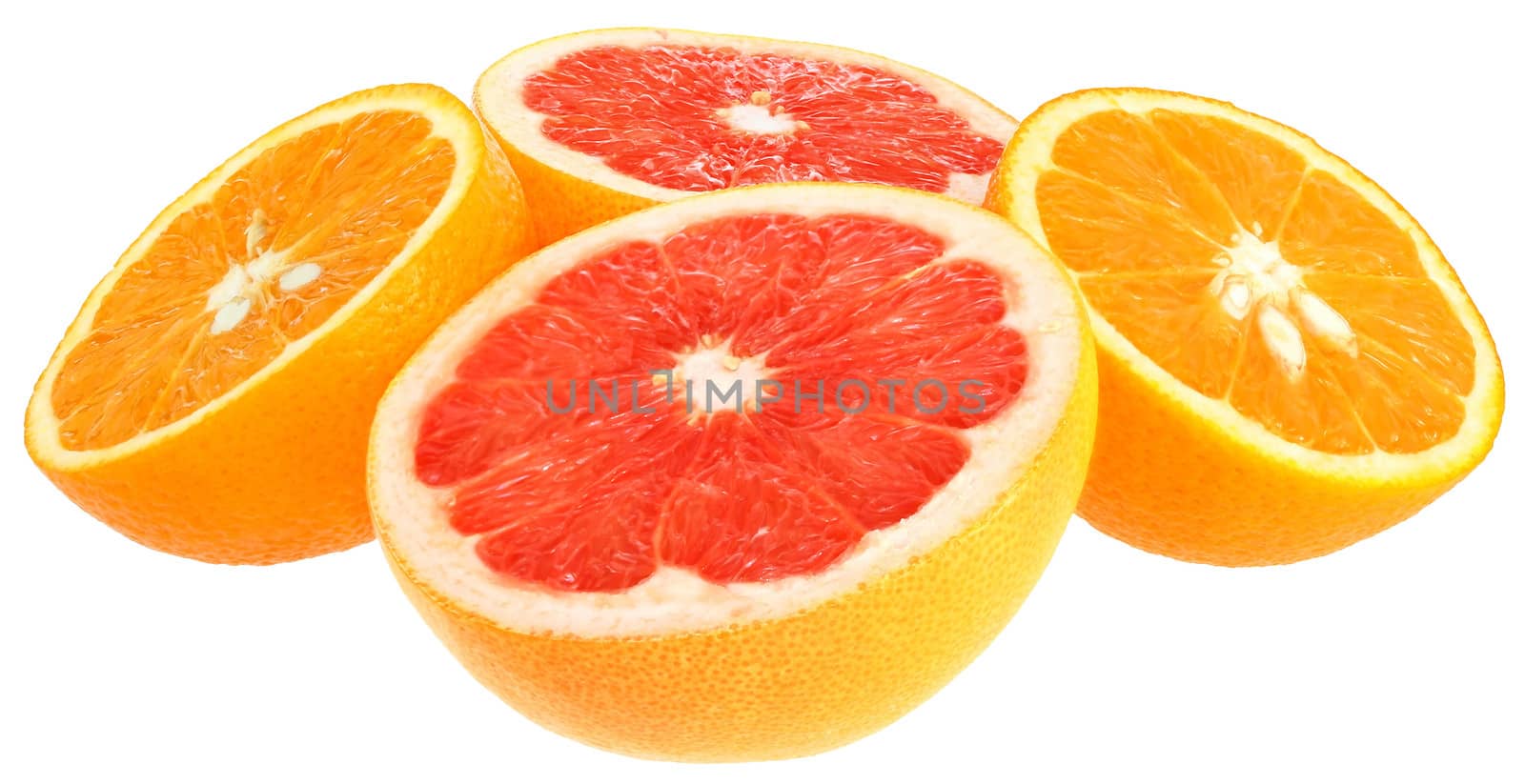 Fresh orange and grapefruit on a white background.