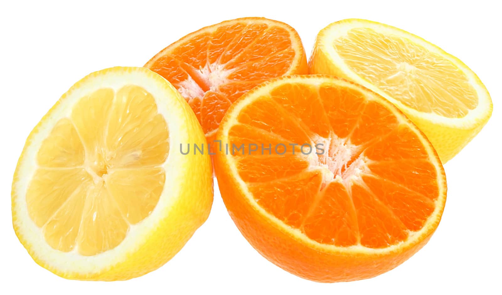 Fresh lemon and tangerine on a white background.