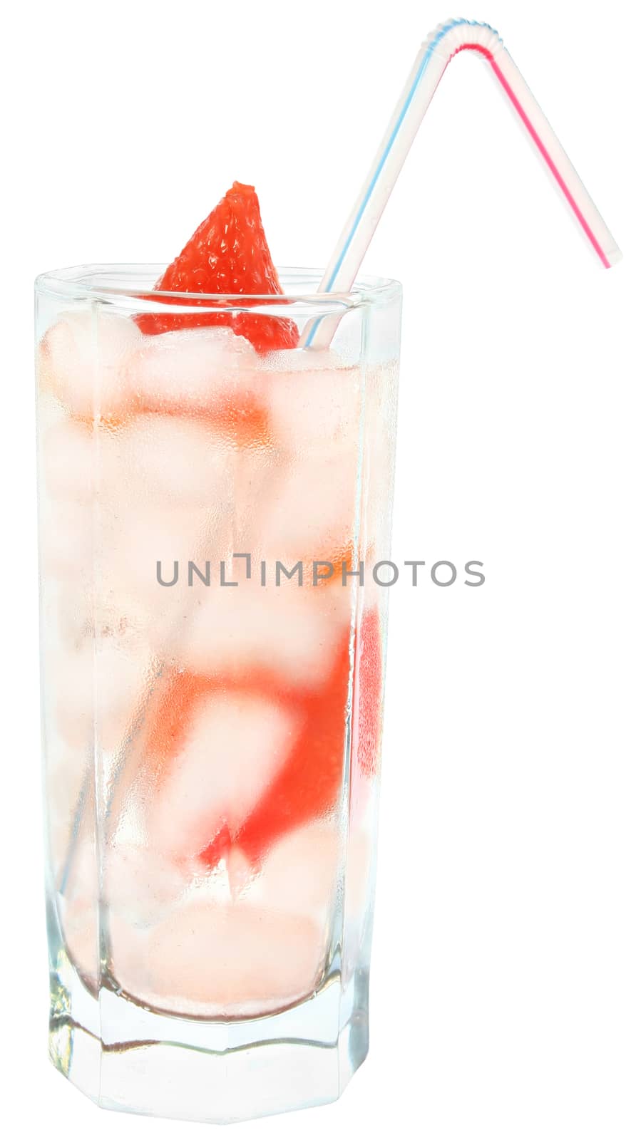 A glass of ice water and grapefruit.