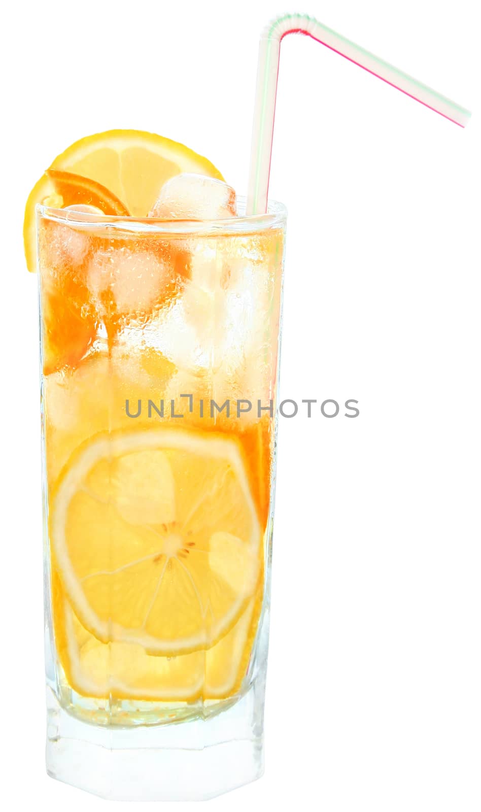Cocktail with ice cubes on white background.