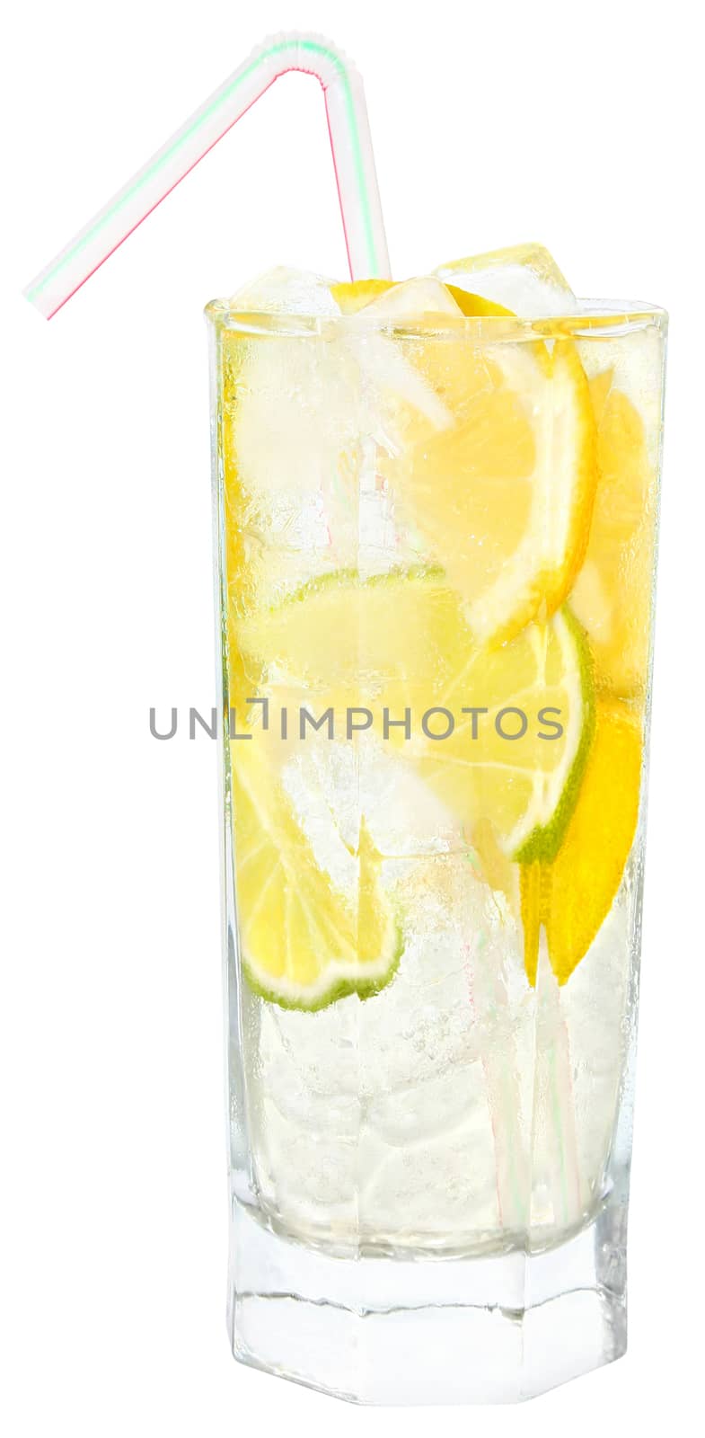 Cocktail with ice cubes on white background.