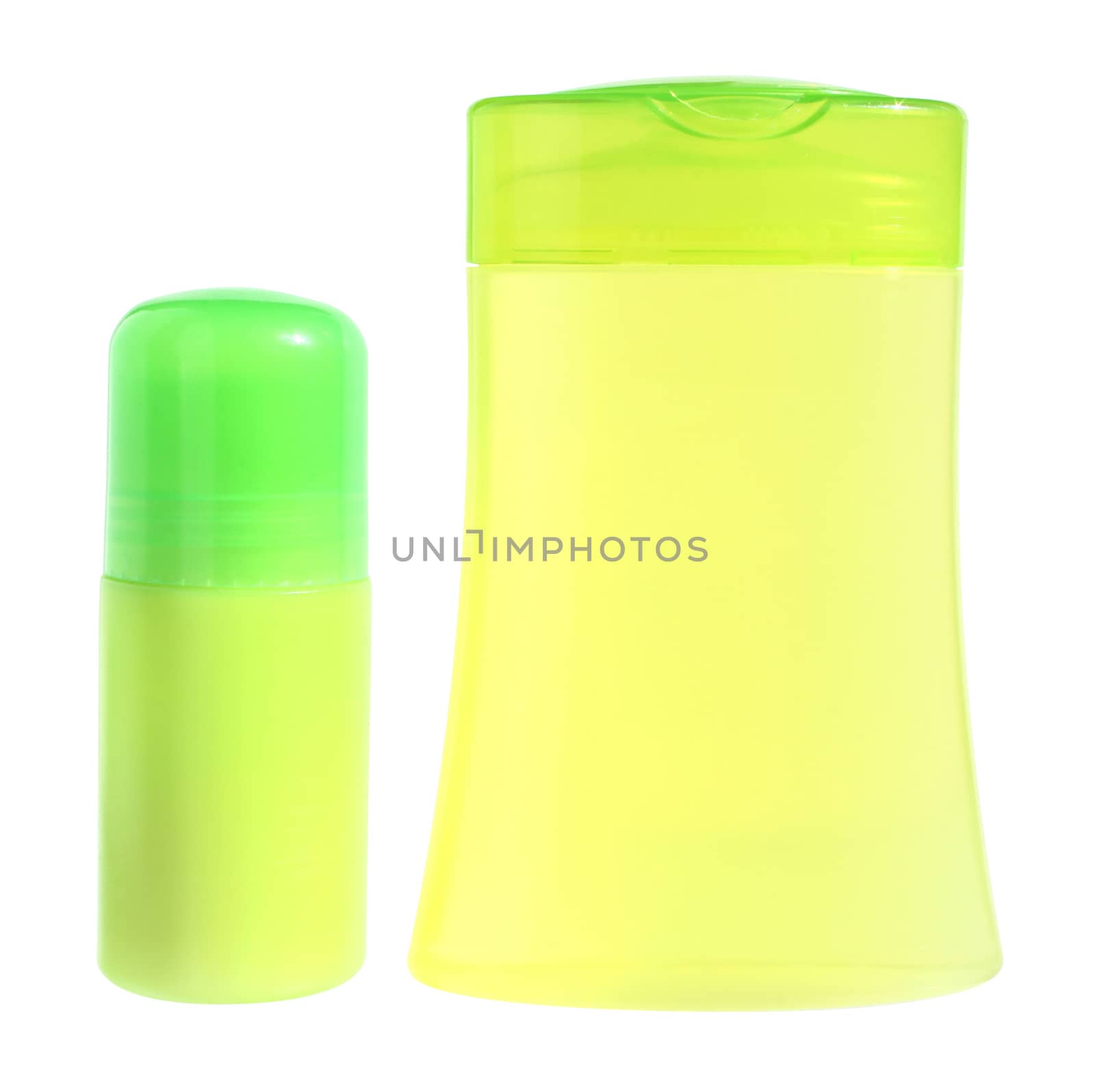 Two bottles with cosmetic means for a white background.