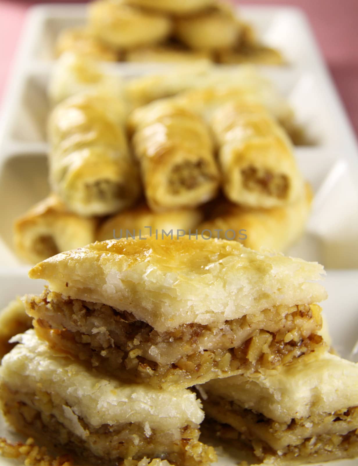 Deliciously sweet  fresh baked baklava ready to serve.