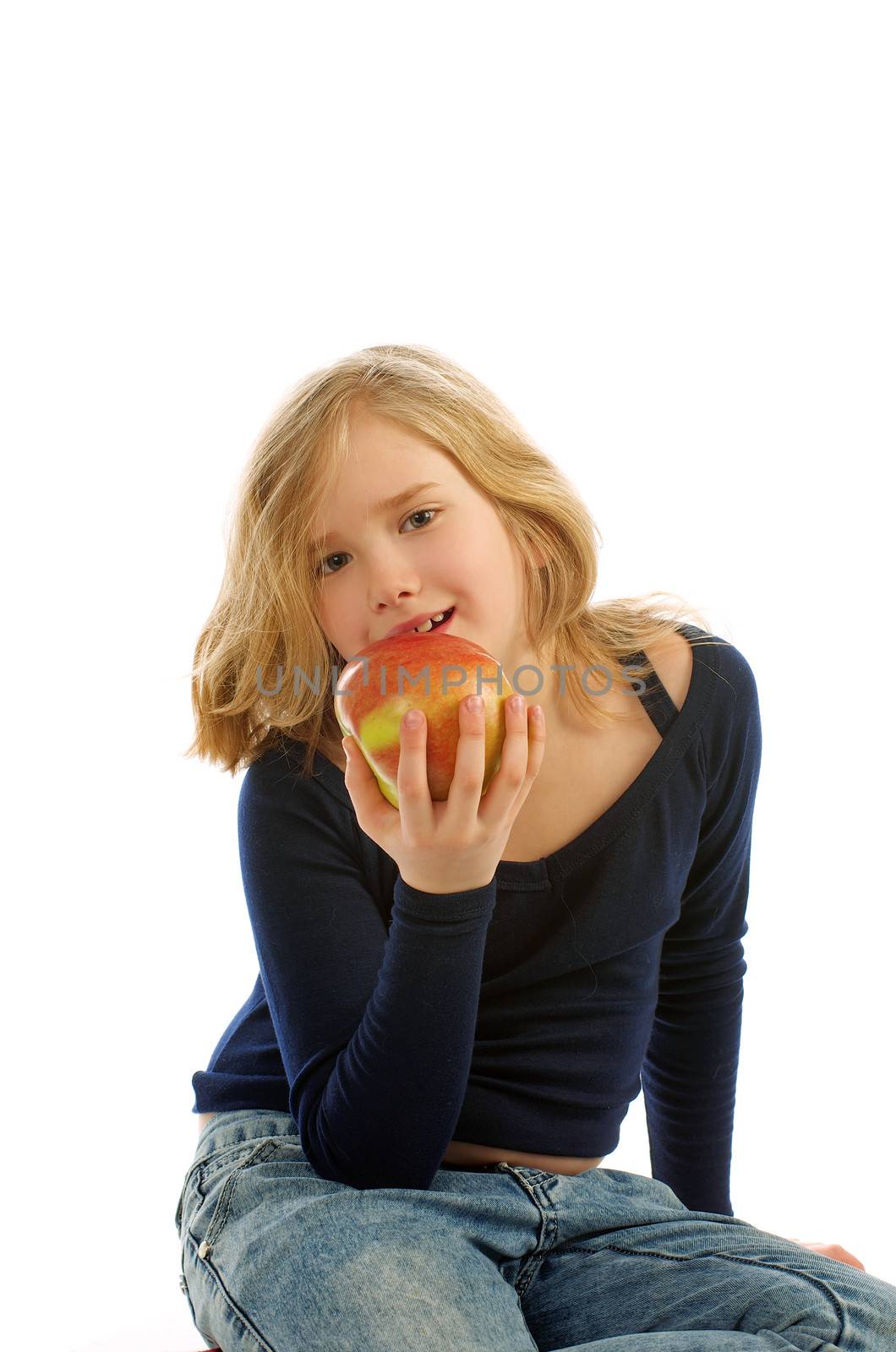 Blonde Girl Eating an Apple on white background