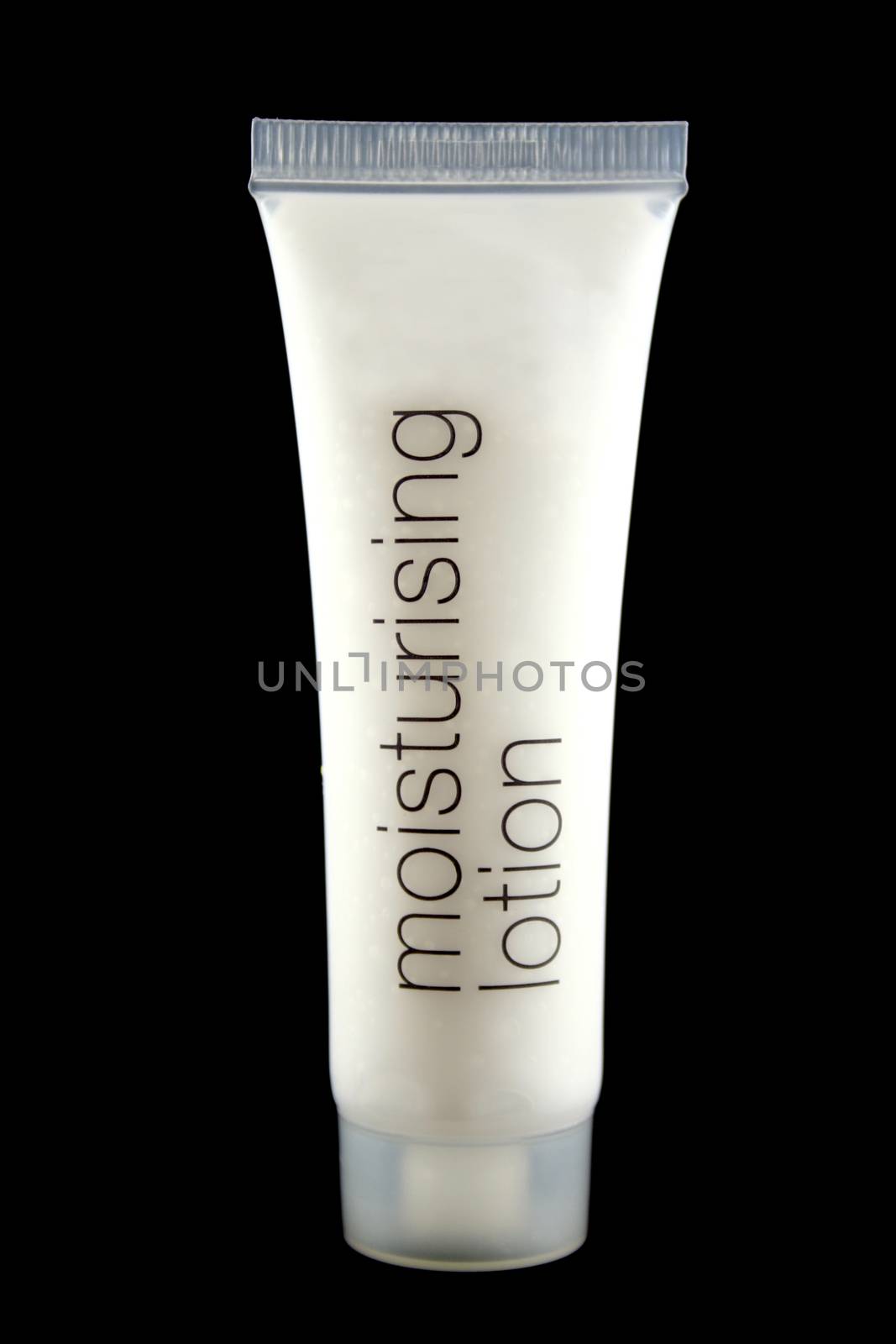 Plastic tube of moisturing lotion ready for use.