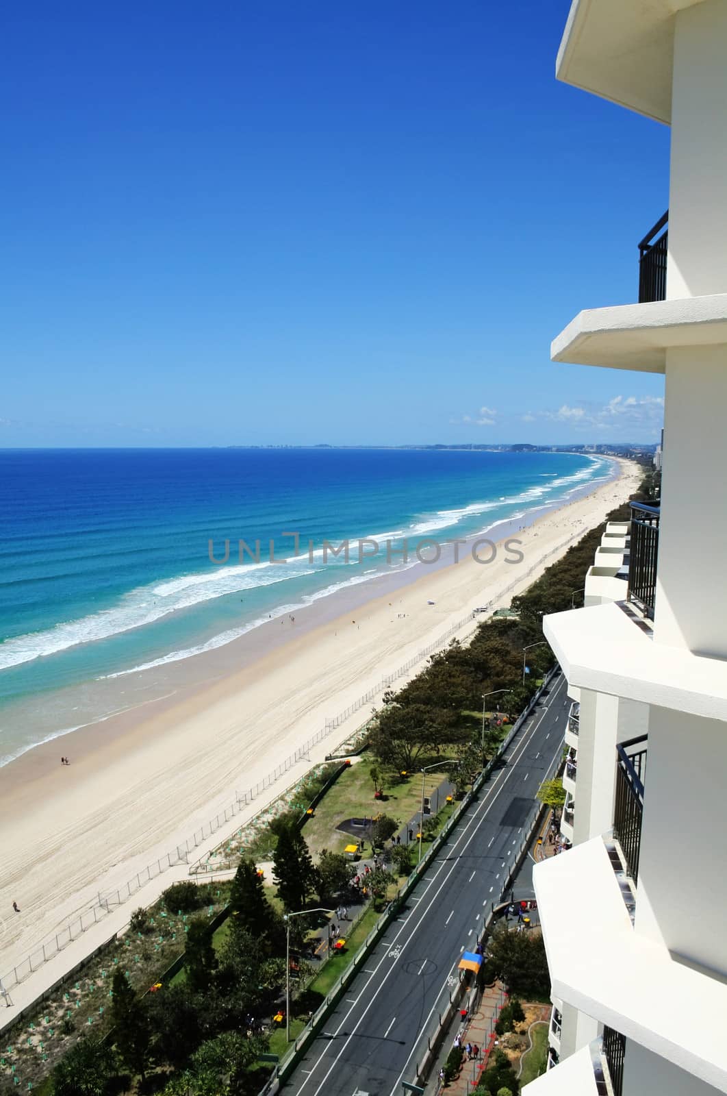 View across Surfers Paradise beach looking South down the Gold Coast in Australia.