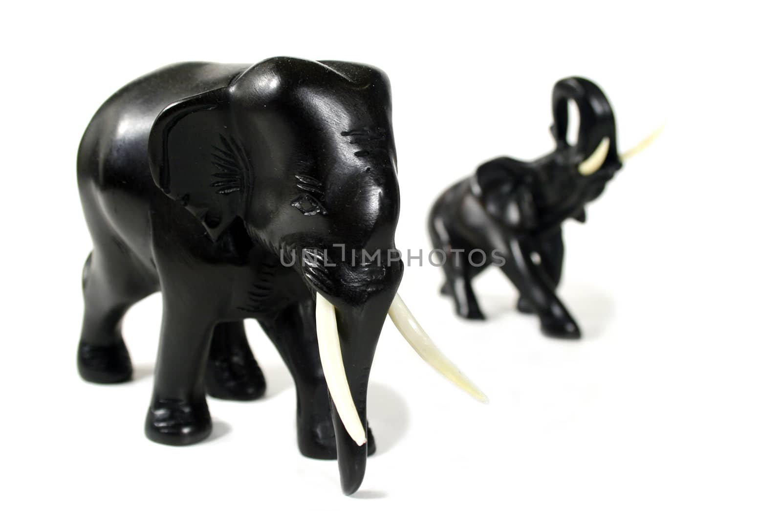 Hand carved black elephants in formation.