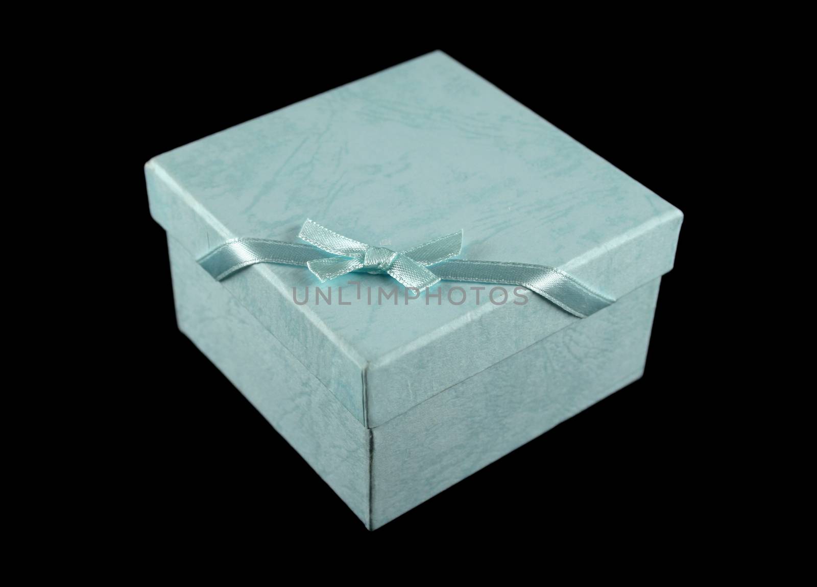 Powder blue gift box with ribbon and bow,