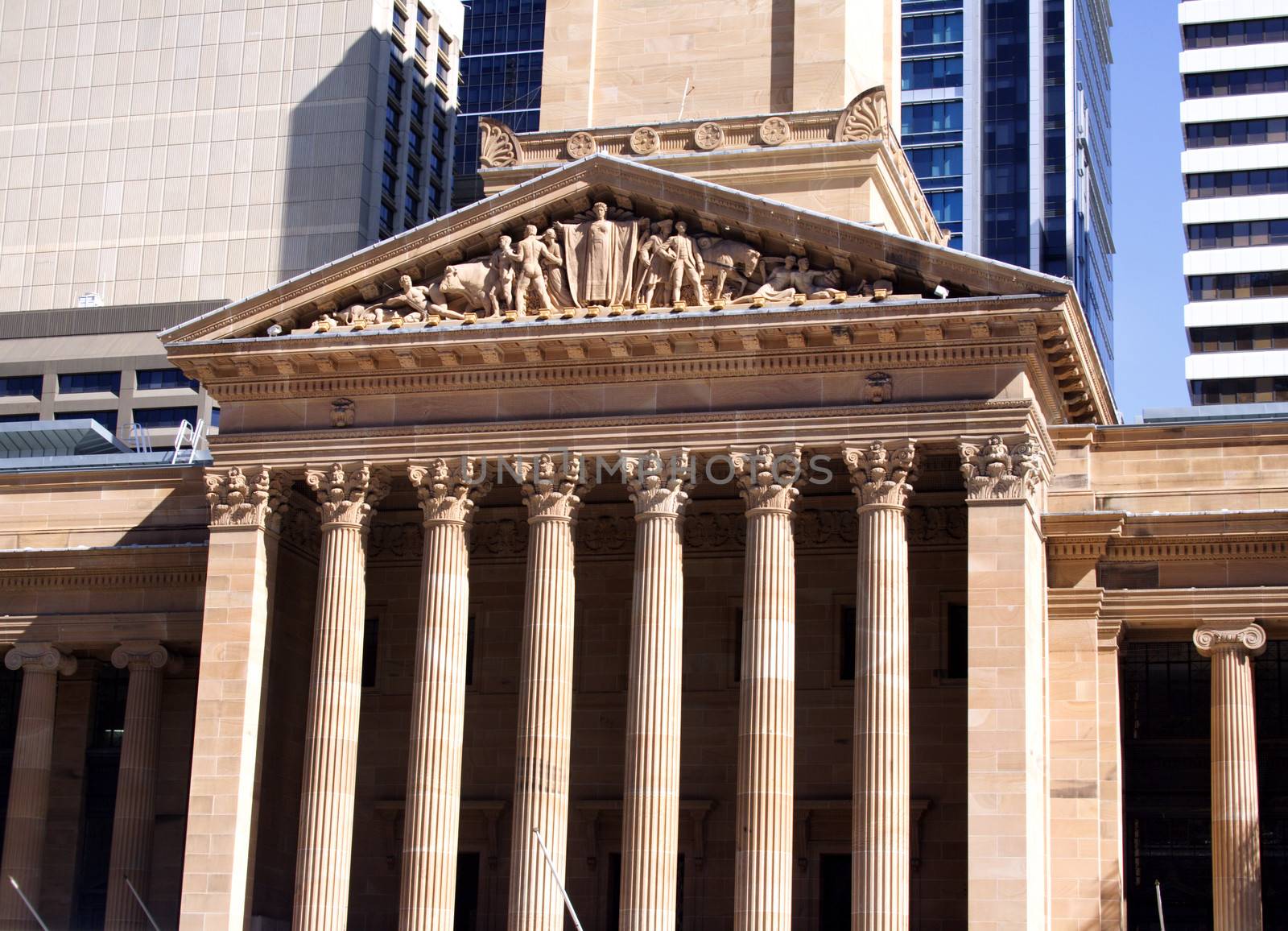 Facia of historic Brisbane City Hall located in the CBD in Brisbane, Queensland Australia.